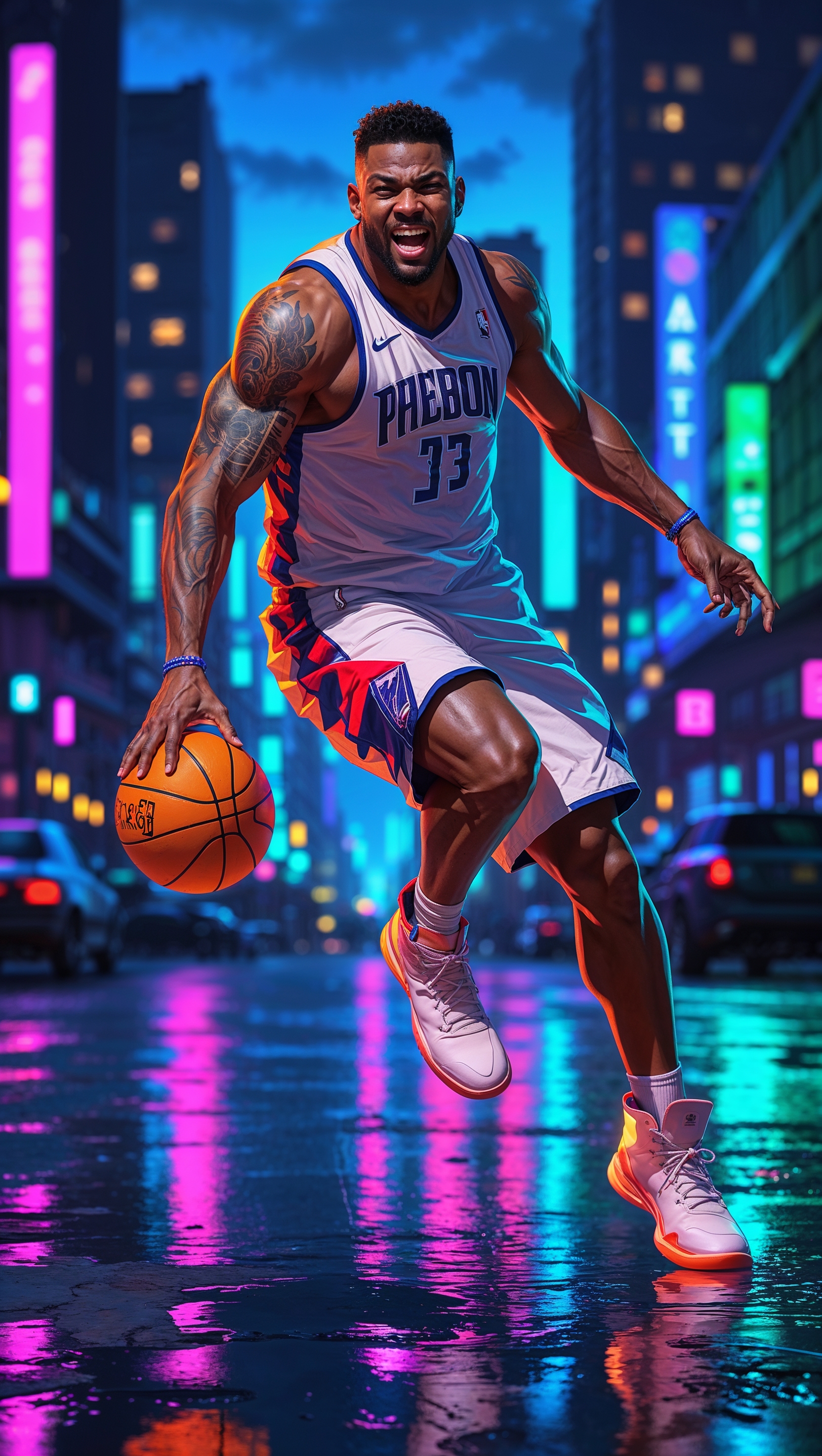 Jayson Tatum dunking with neon lights – perfect for iPhone wallpaper
