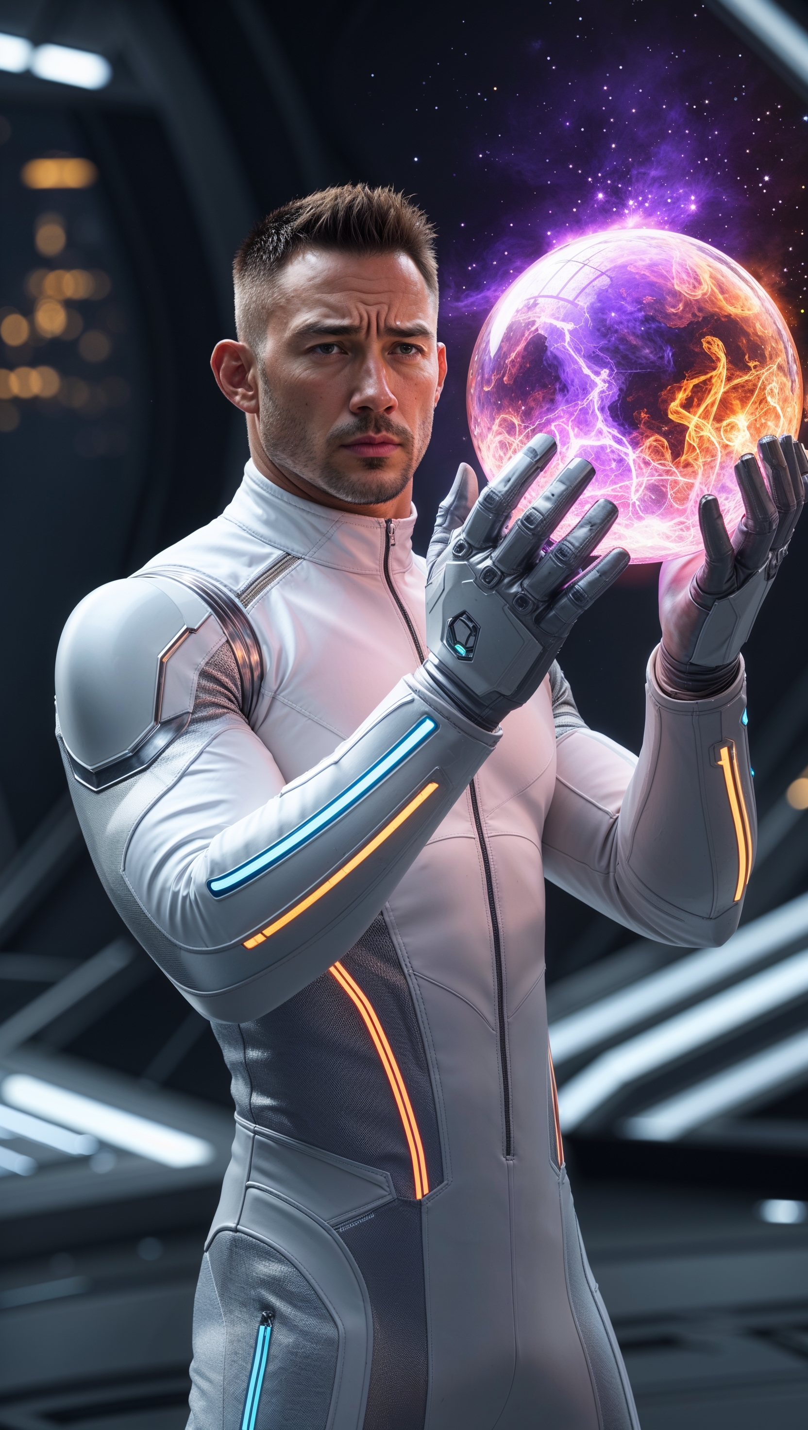 Jayson Tatum in a futuristic world, wearing a space suit and plasma ball