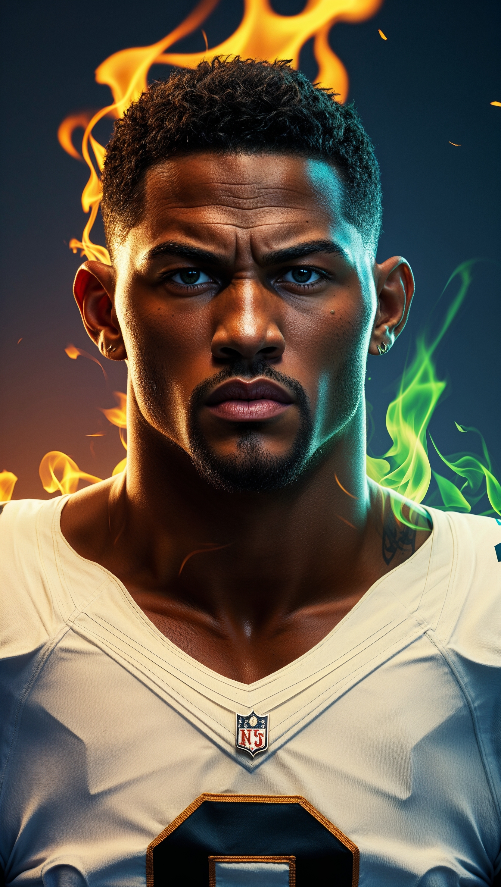 Jayson Tatum surrounded by green flames with a determined look