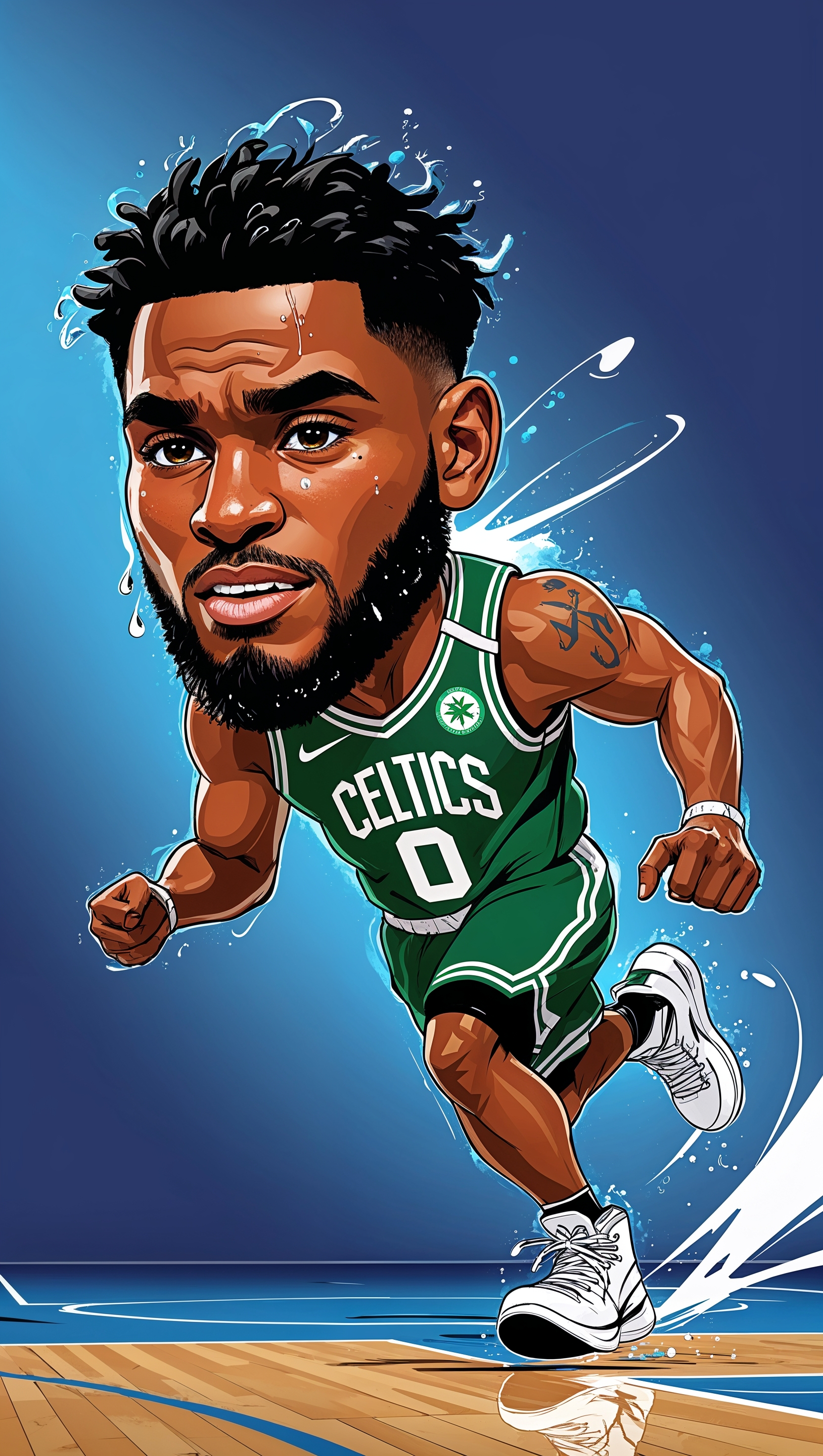 Cartoon background of Jayson Tatum running on the court