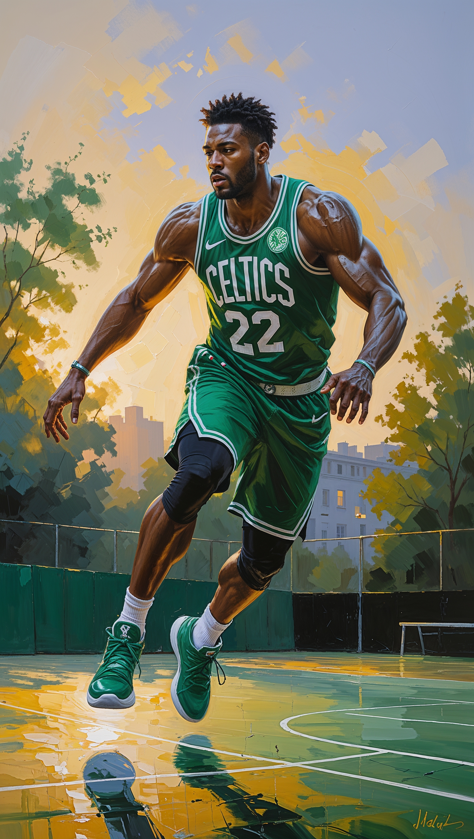 Oil painting of Jayson Tatum training at sunrise
