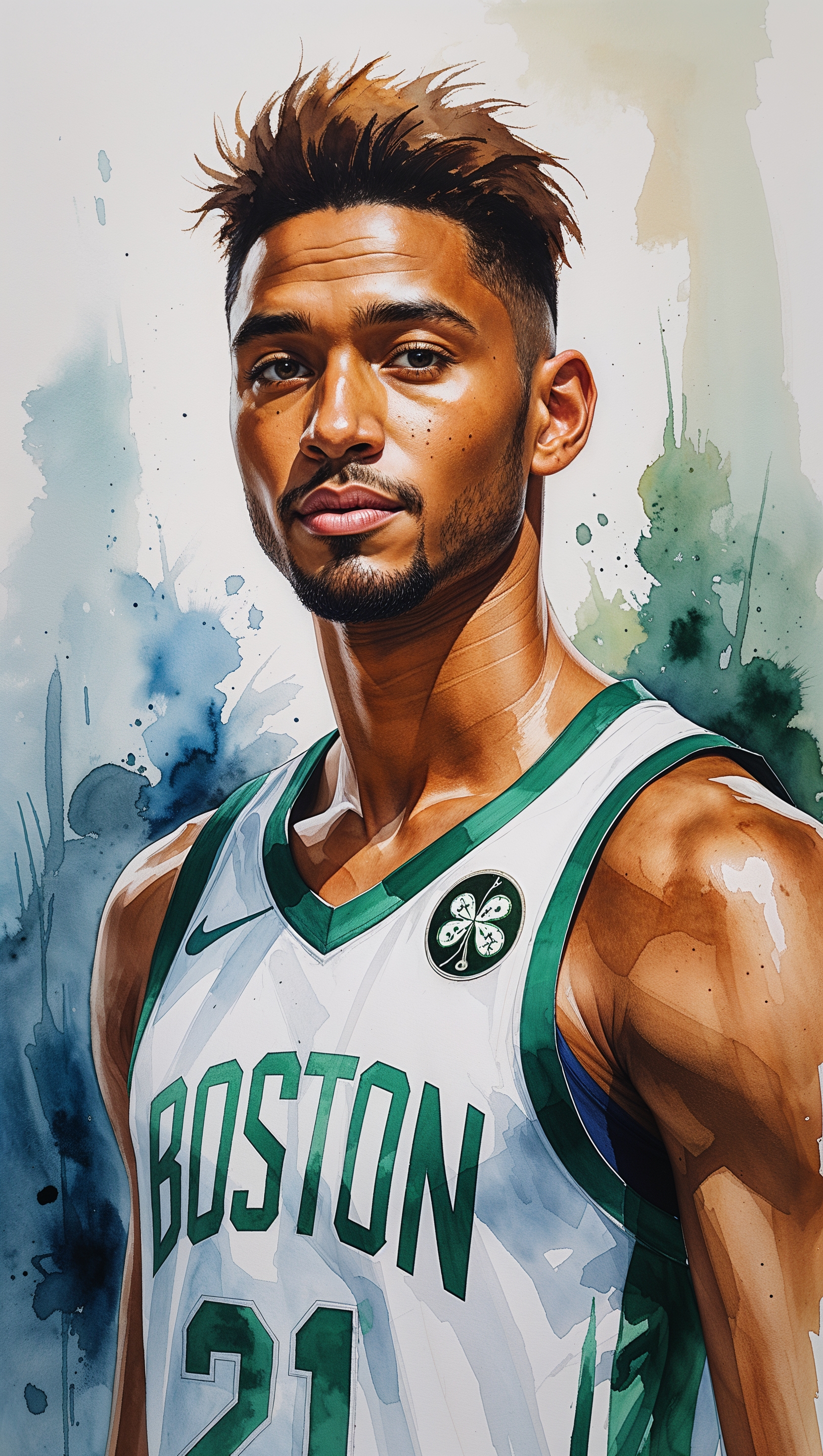 Watercolor painting of Jayson Tatum with a calm background