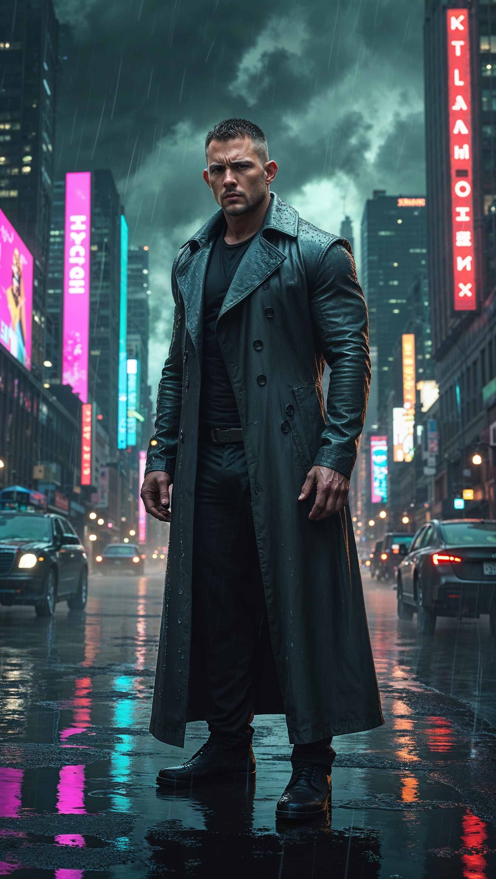Cyberpunk-style art of Jayson Tatum on a rainy neon-lit night