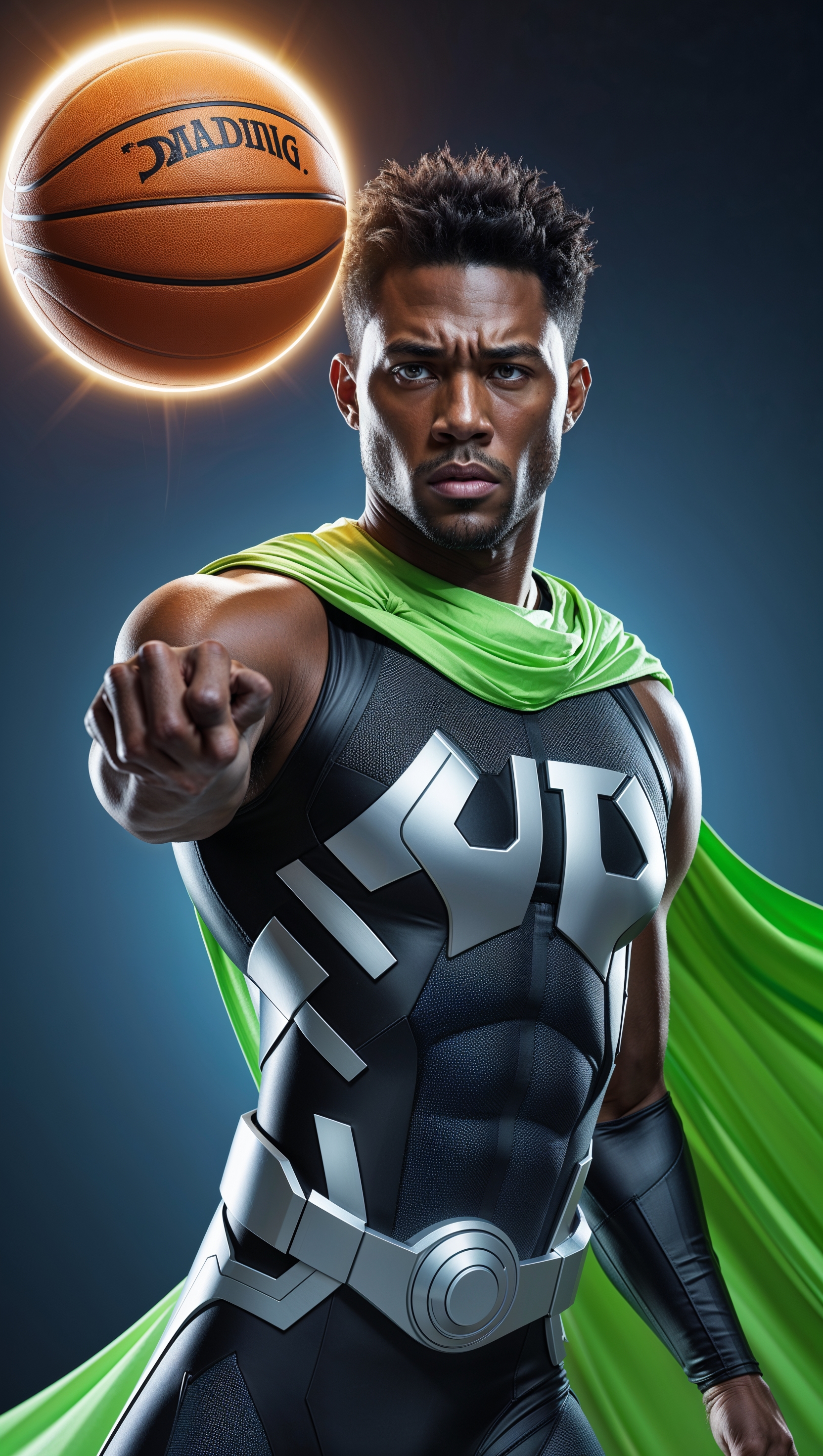 Superhero-style Jayson Tatum with a green cape and glowing ball
