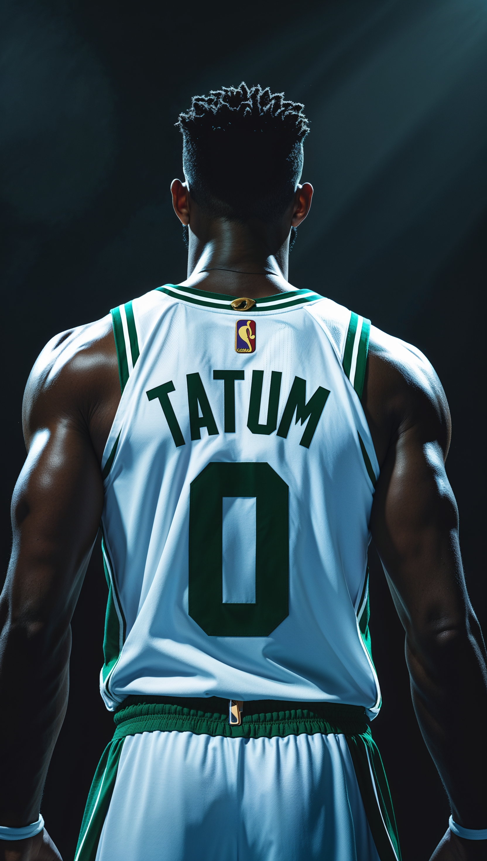 Back view of Jayson Tatum showing his jersey number, under spotlight on a dark court