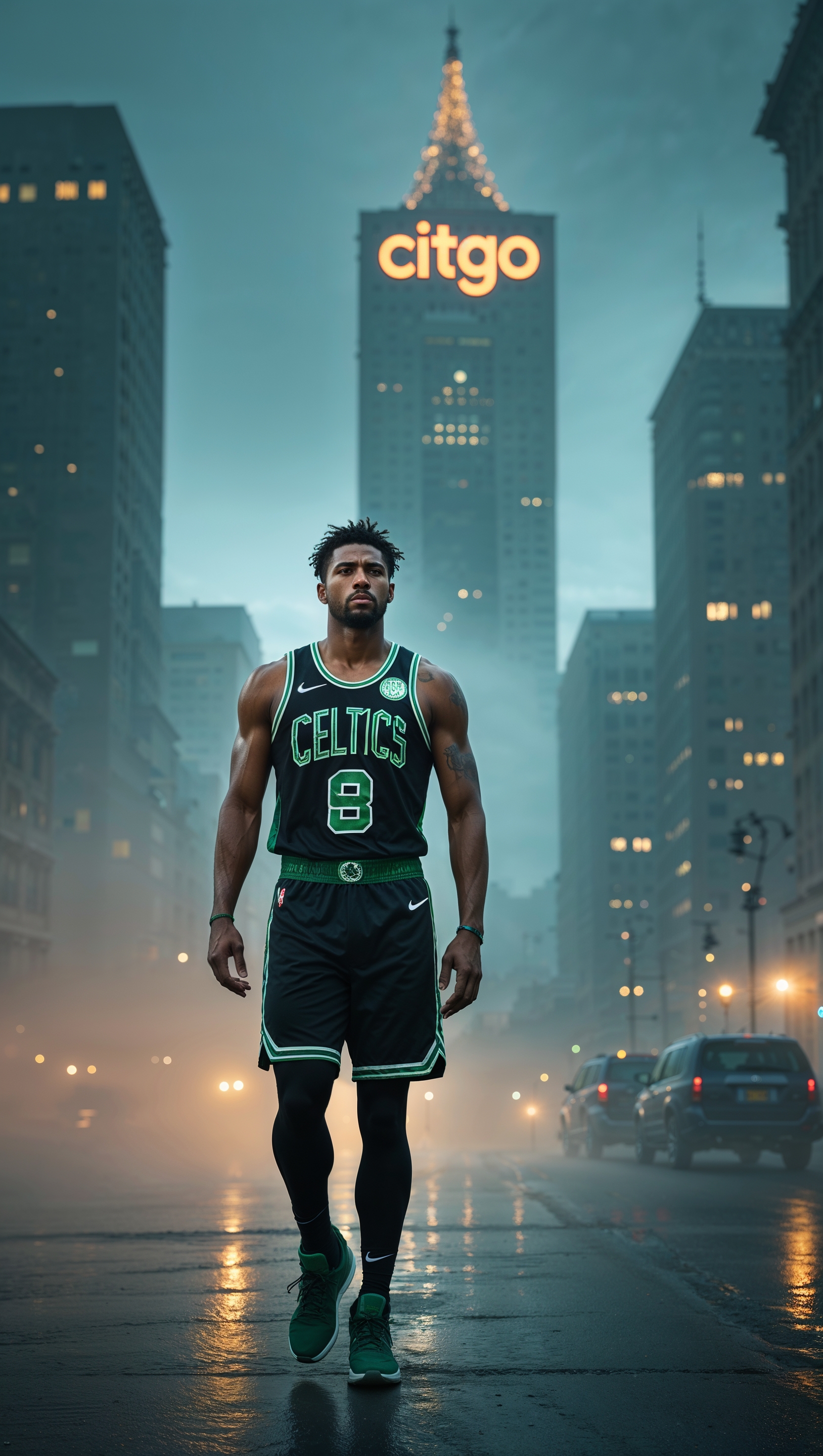 Jayson Tatum walking in the mist with Boston skyline in the background