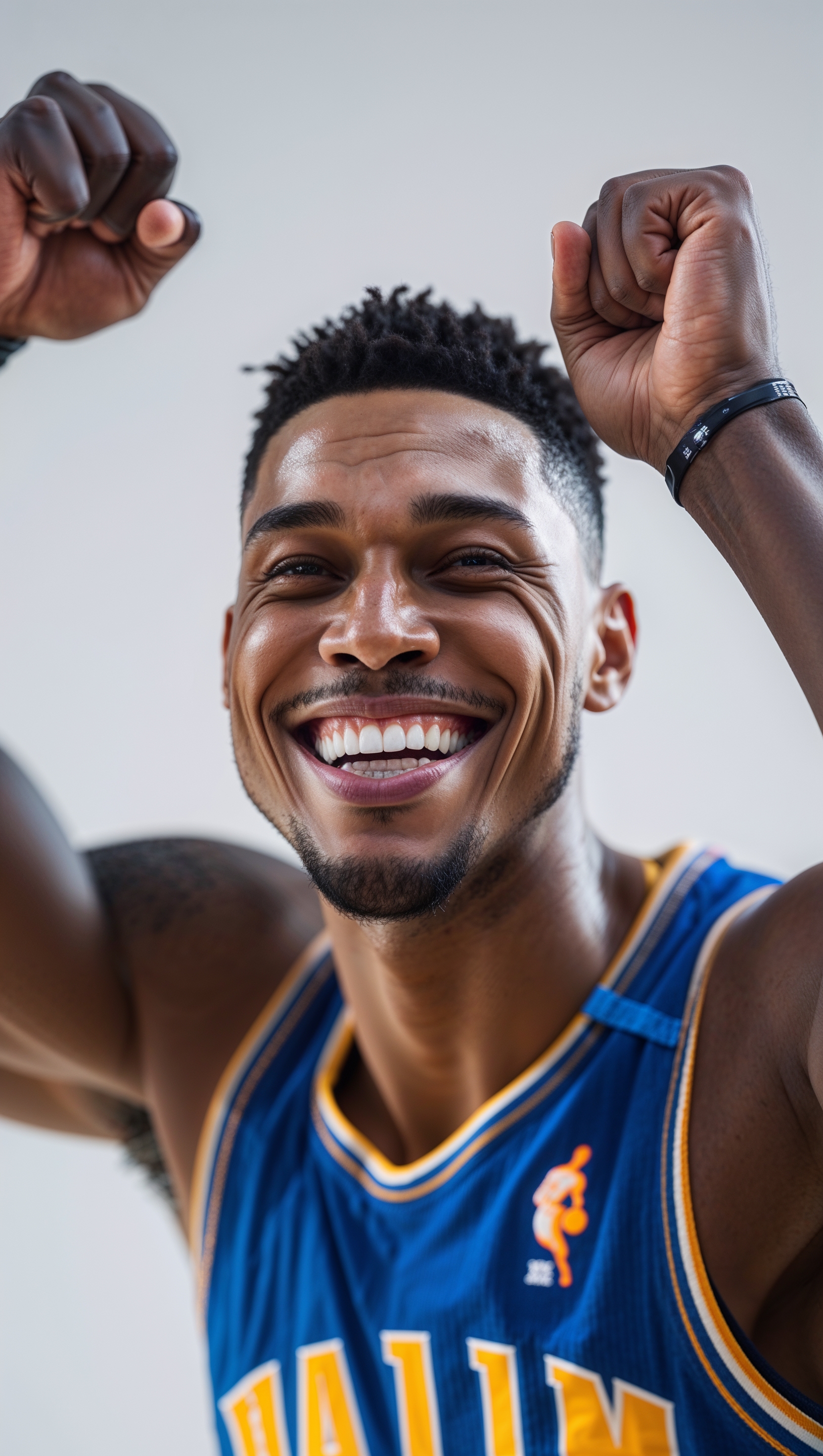 Jayson Tatum celebrating with a fist up, smiling, white background