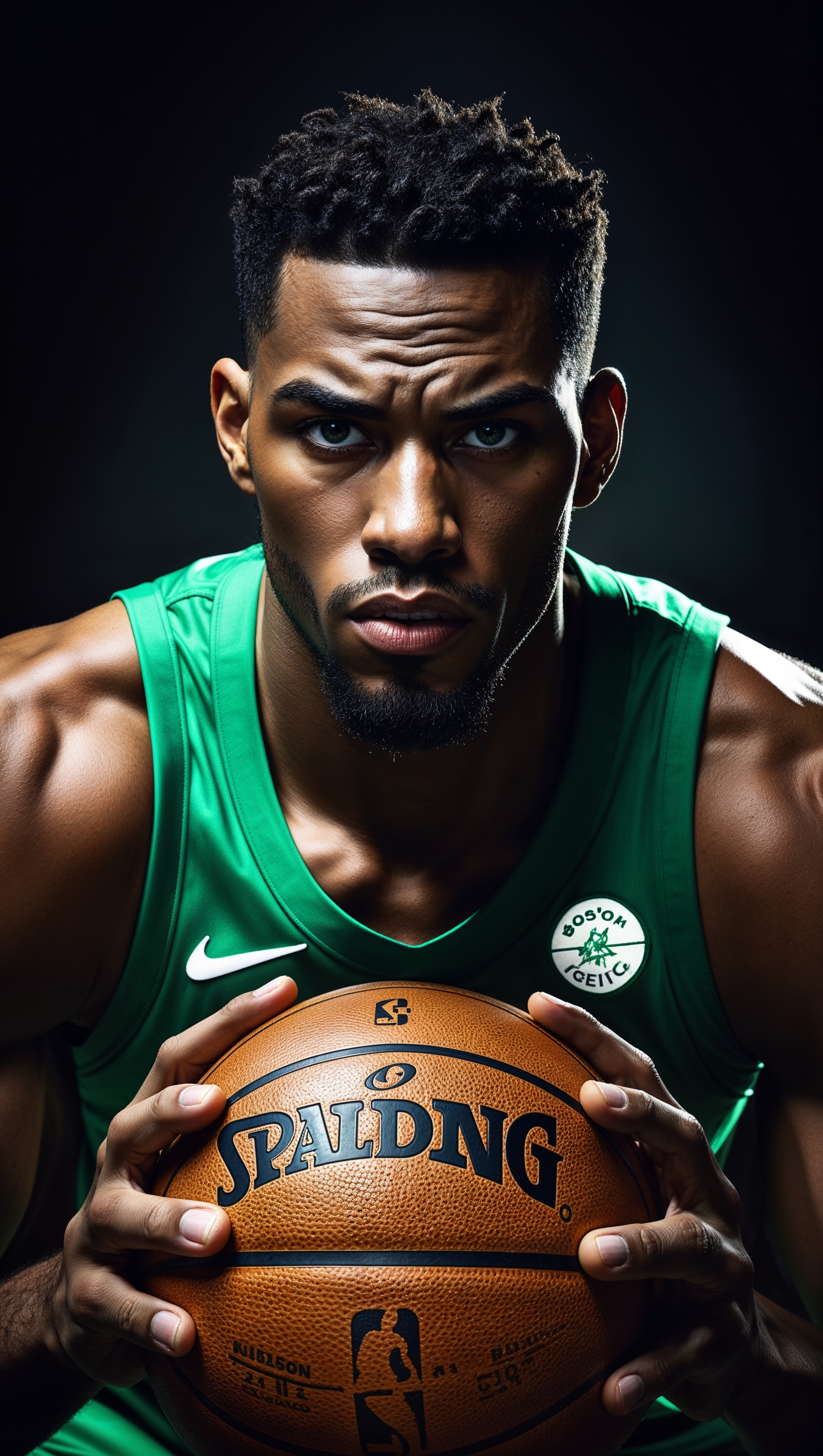Jayson Tatum with a basketball in a dark, high-contrast background