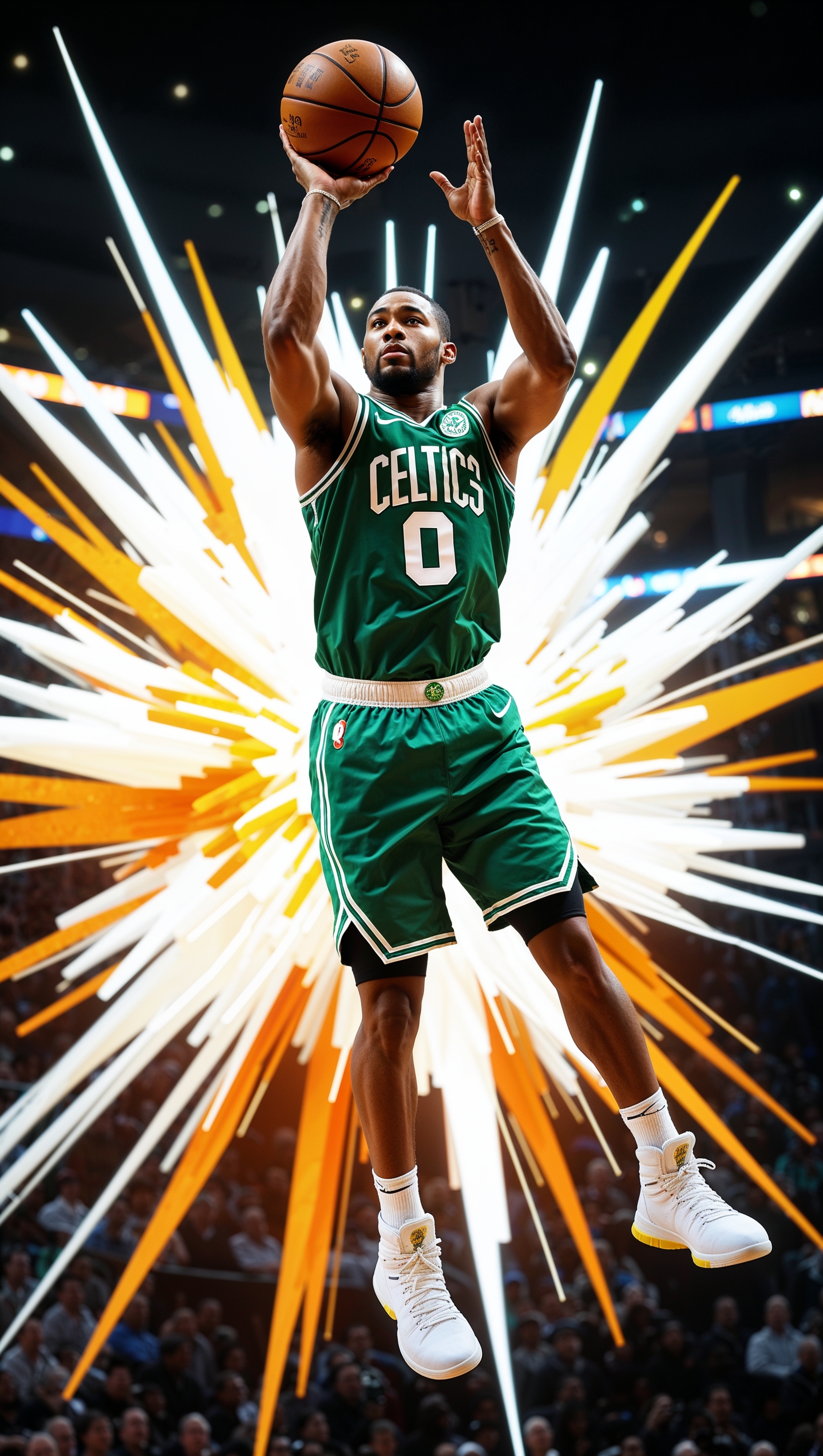 Light explosion effect behind Jayson Tatum while shooting