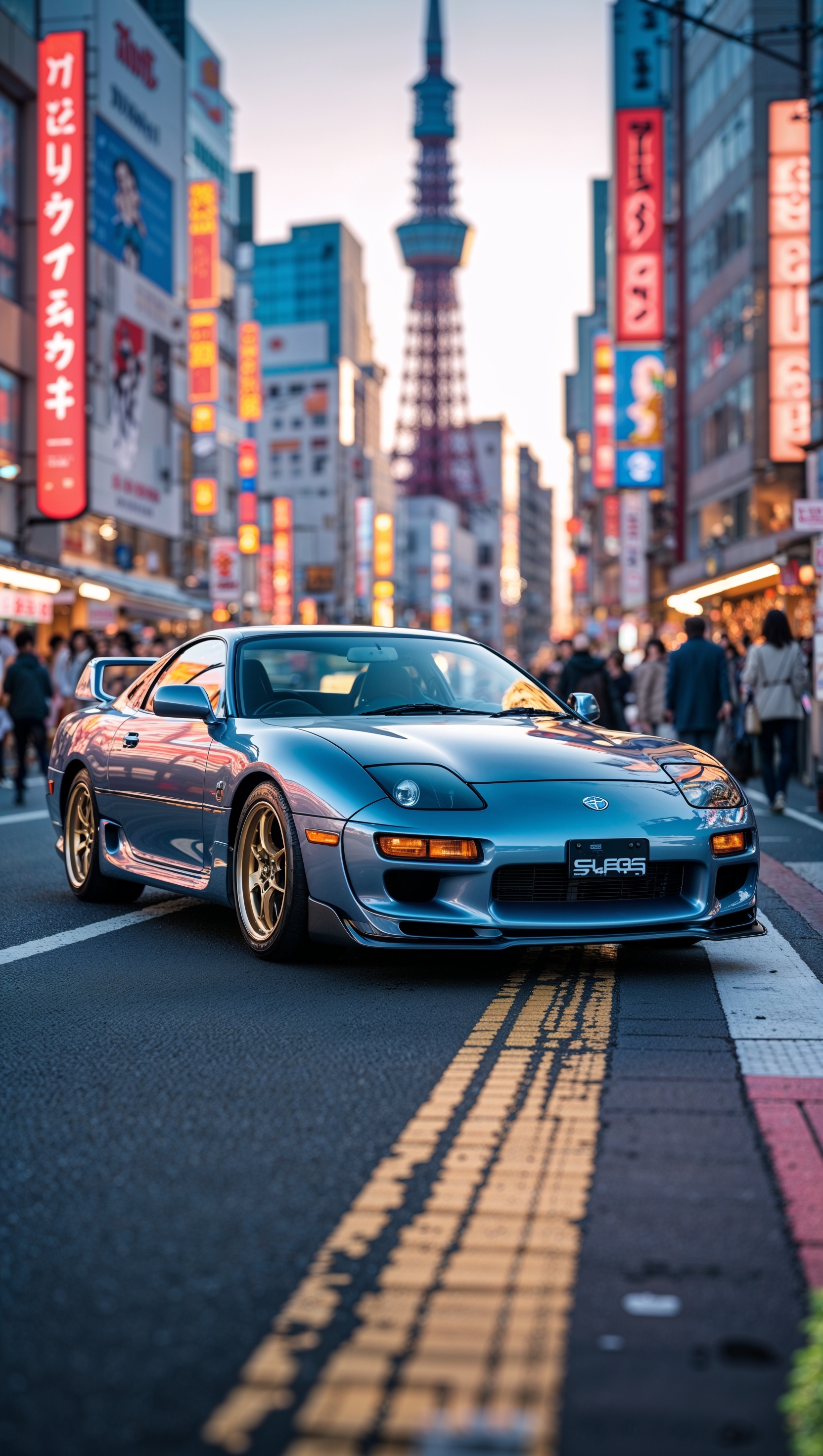 Classic Toyota Supra in Tokyo street with city background