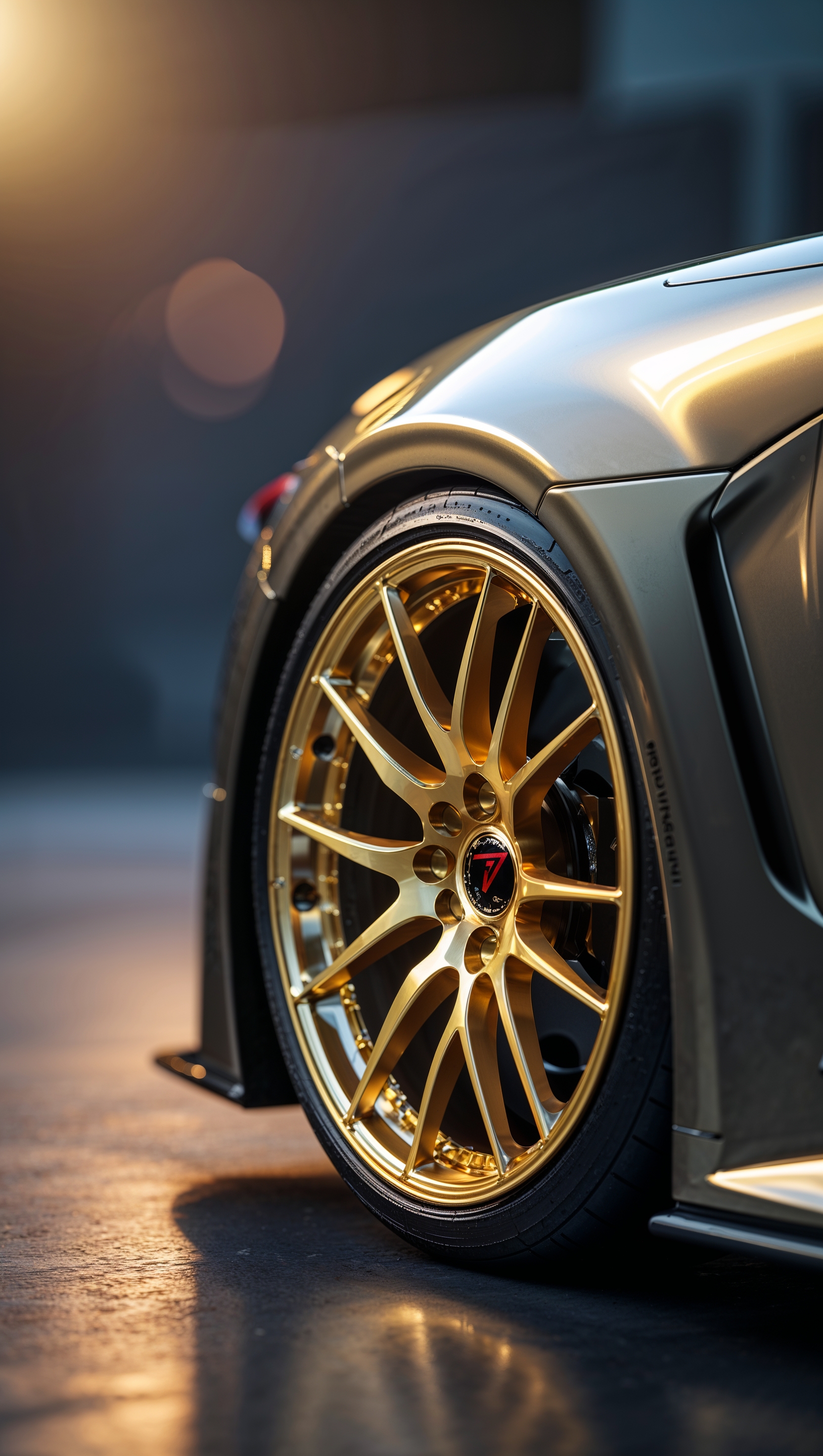 Close-up of a golden wheel on a JDM car with light reflection
