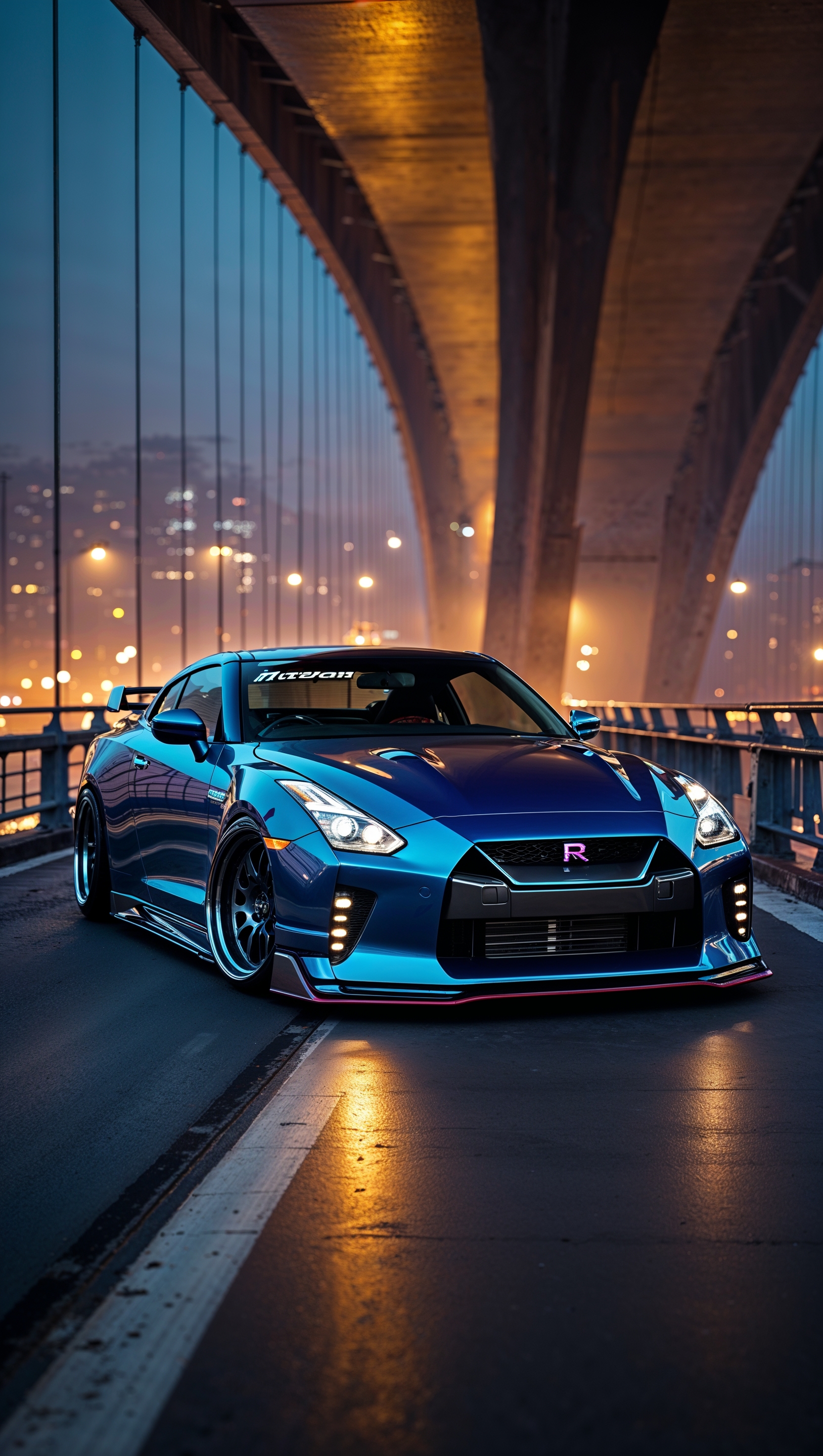 JDM car on a bridge with night lights and light fog