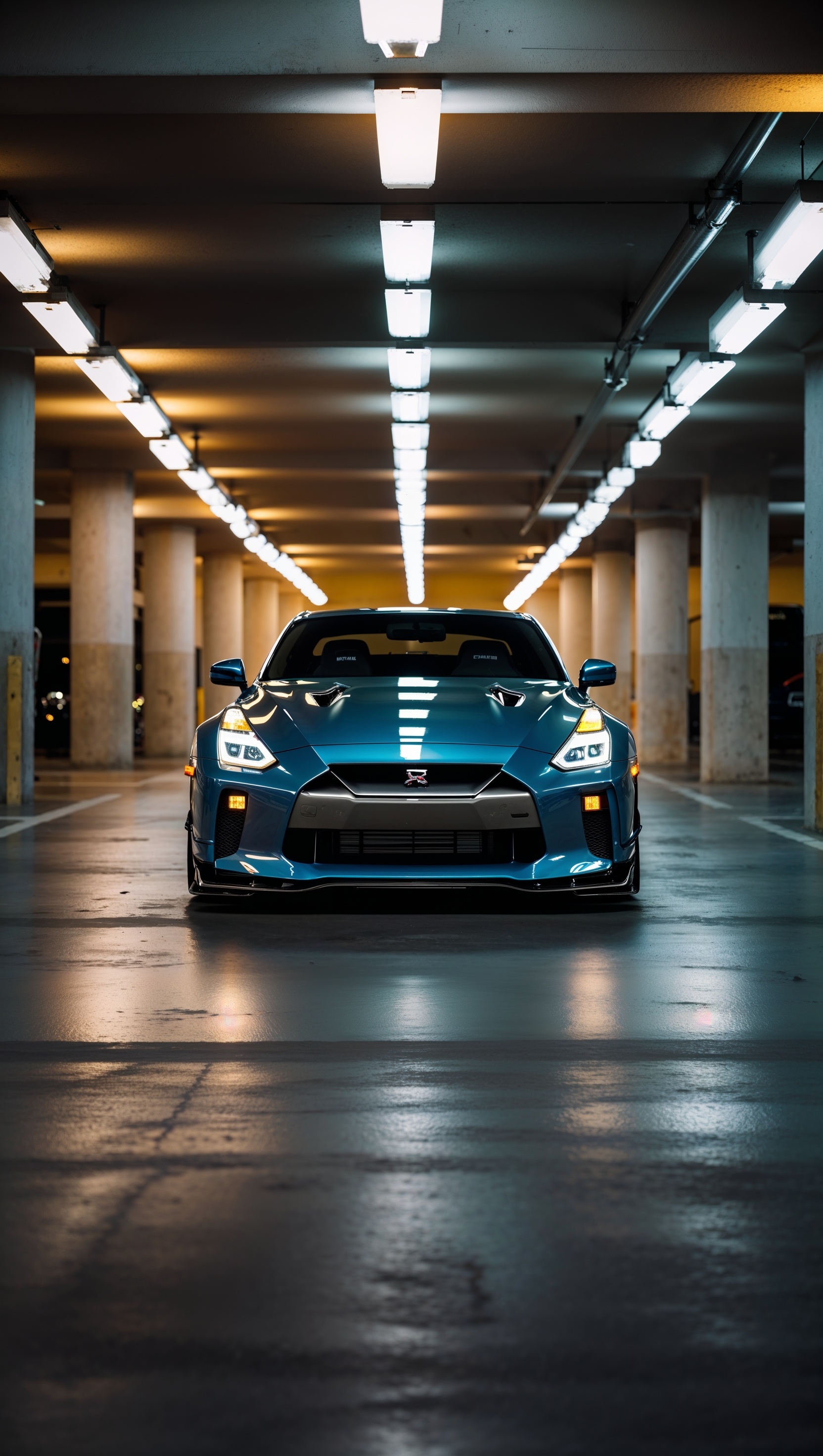JDM car in underground parking with dim yellow light