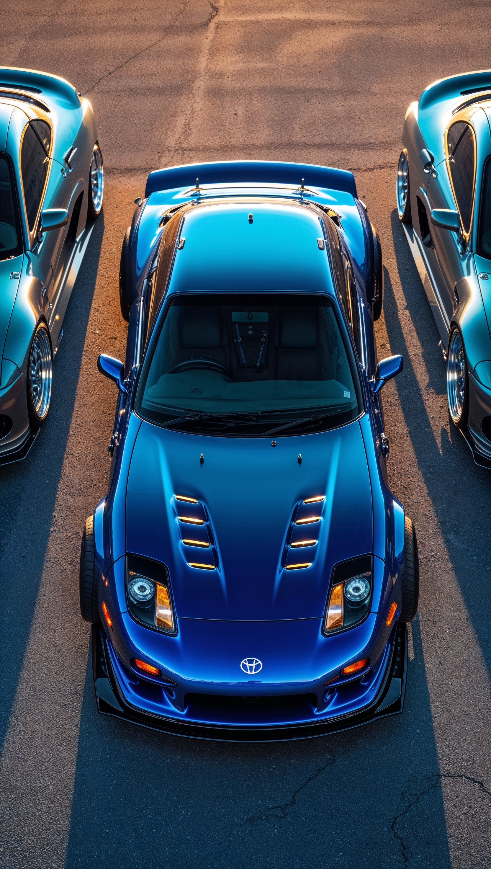 Top view of a JDM car parked between two sports cars