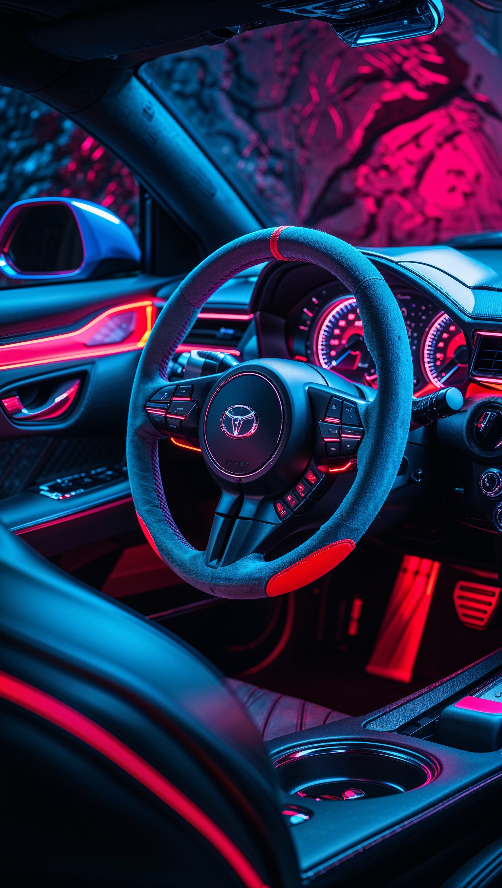 Interior view of a JDM car with sport steering wheel and neon light