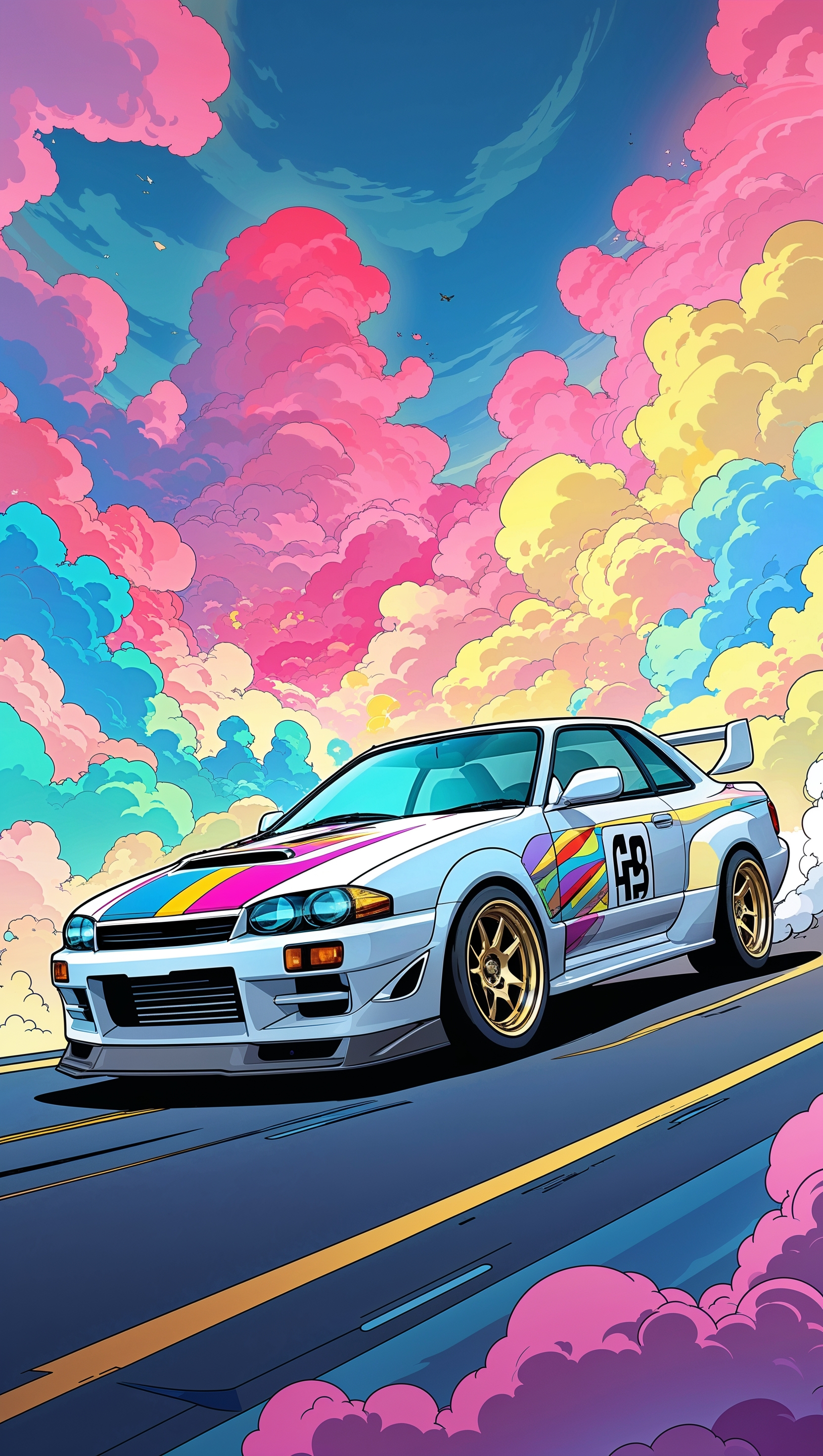 Cartoon style JDM car with colorful background