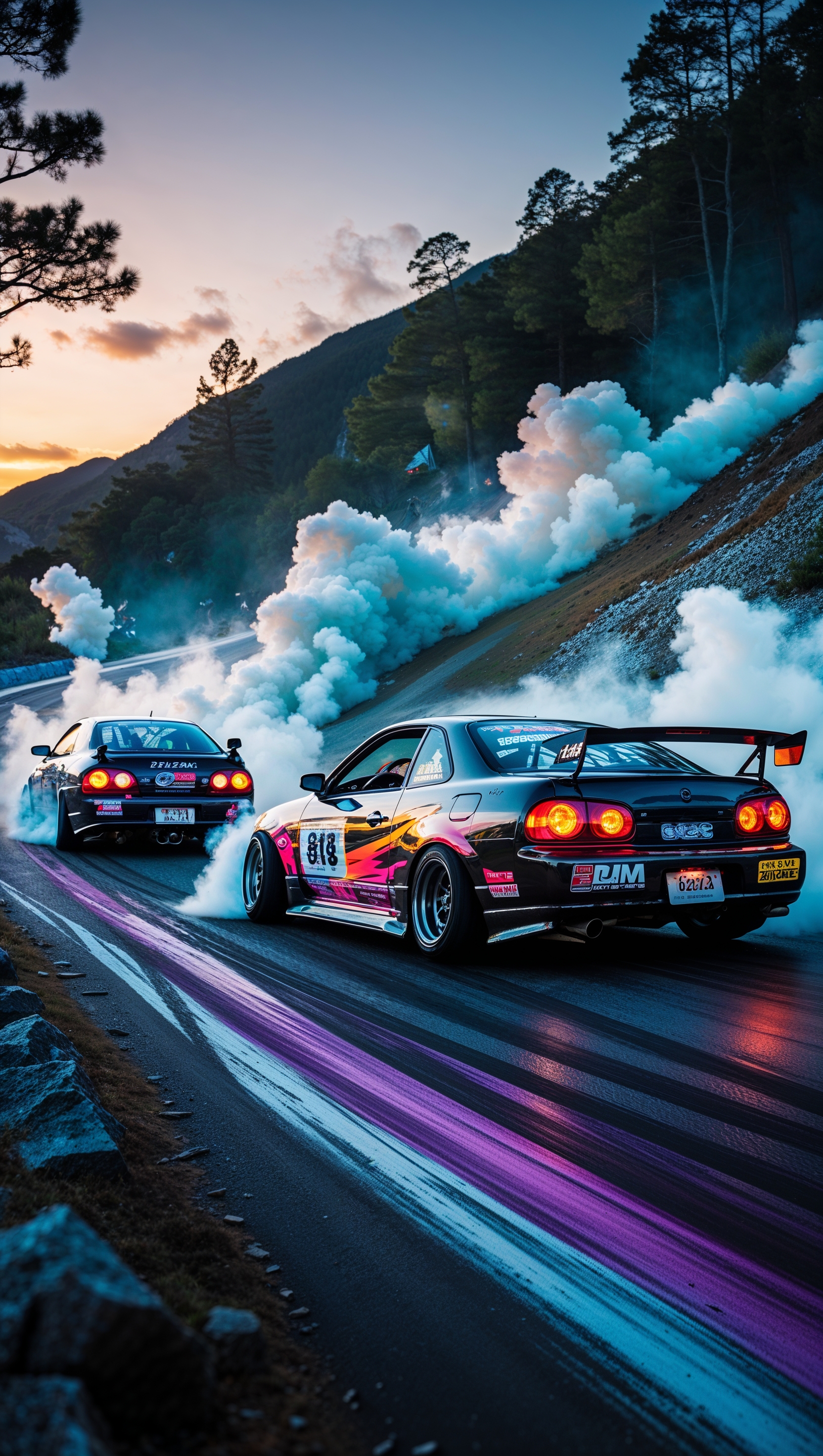 Drift race scene of two JDM cars with heavy smoke