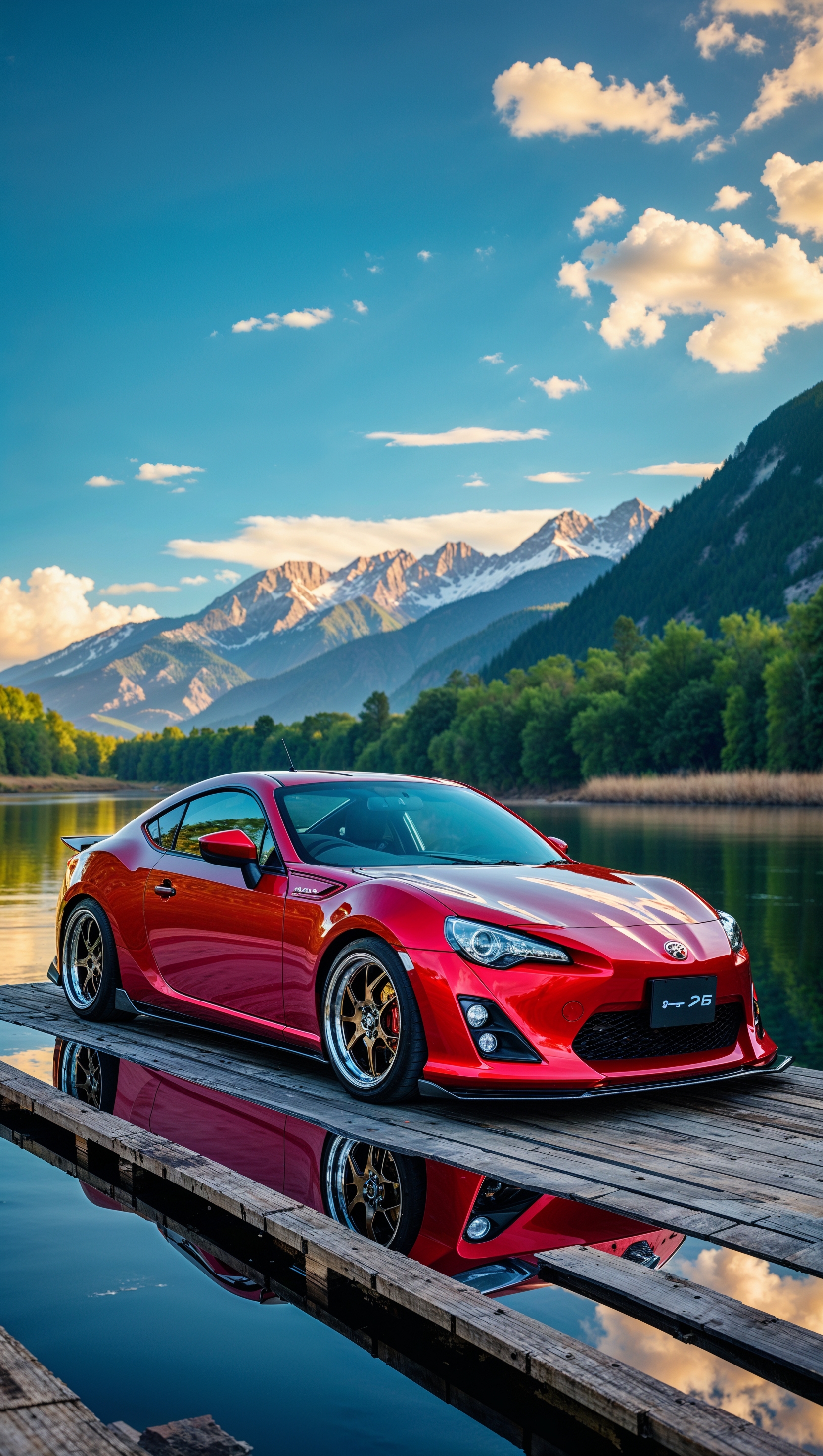 JDM car near river with mountain background