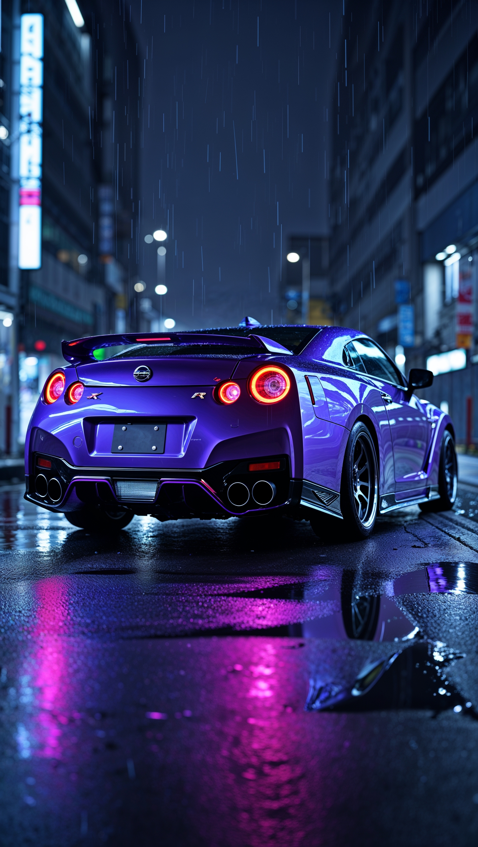 A JDM car at night in the rain with purple neon lights