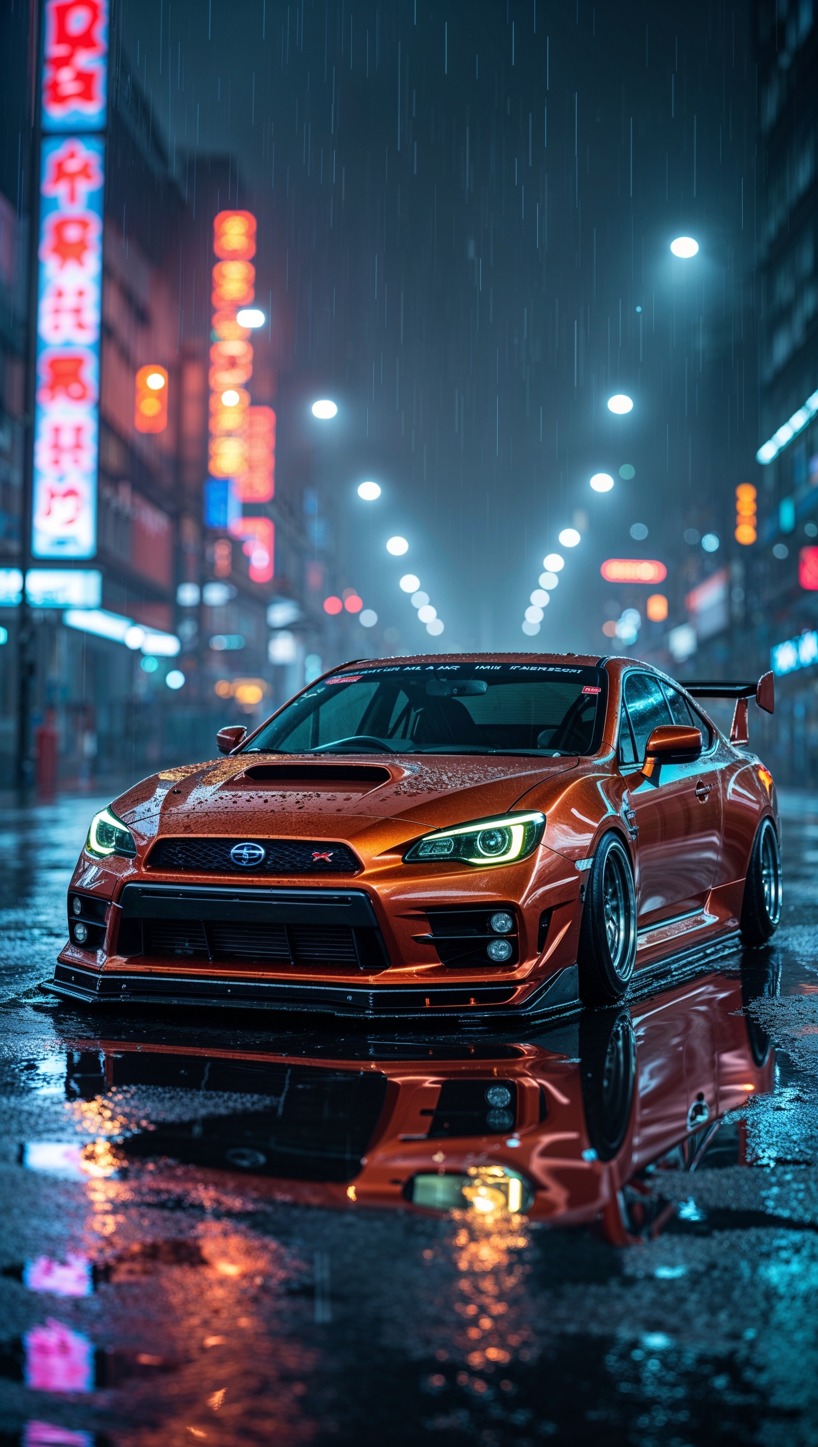 JDM car on wet street with light reflections