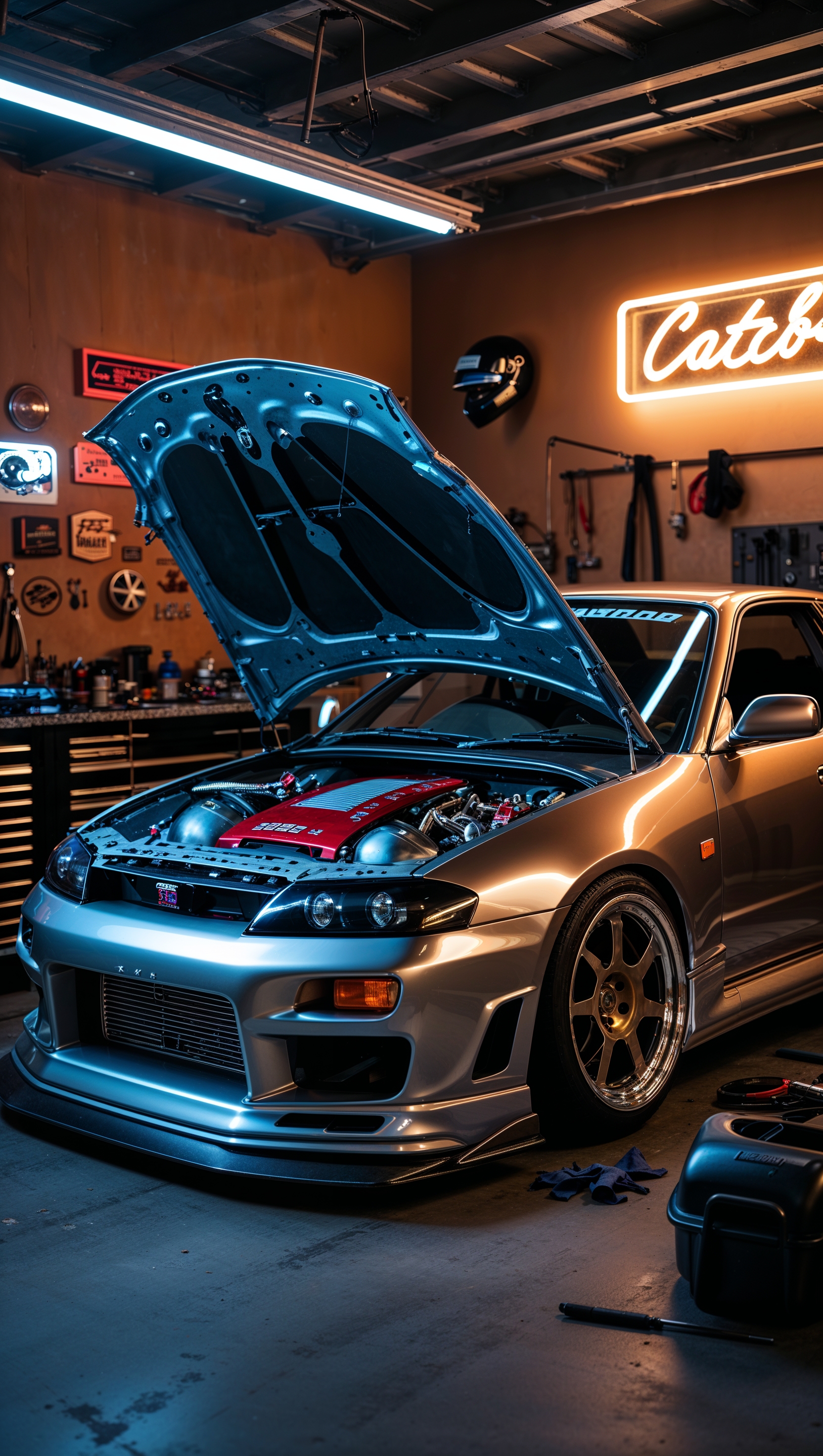 JDM car with open hood in a garage setting
