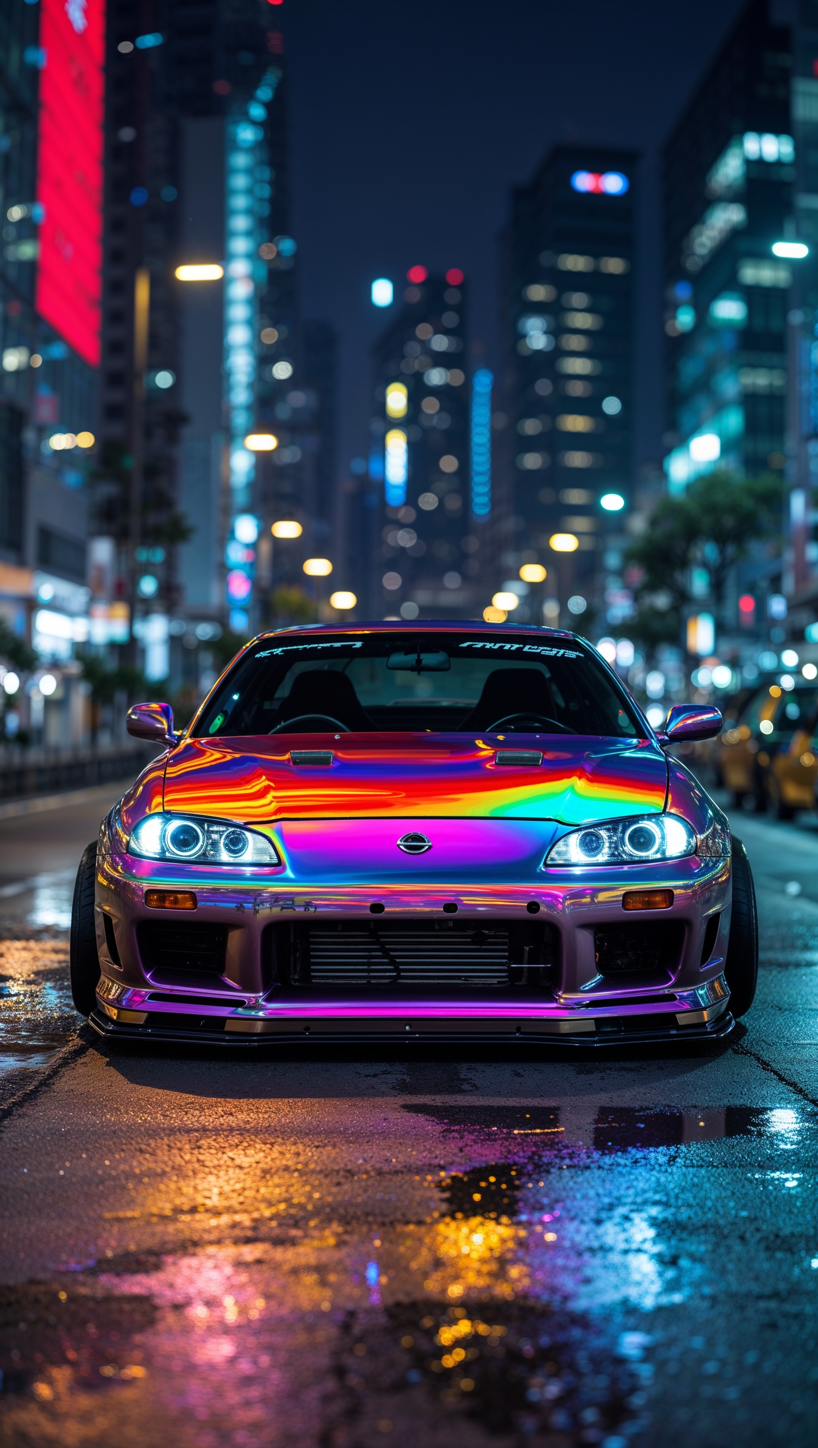 JDM car at night with rainbow reflections on surface