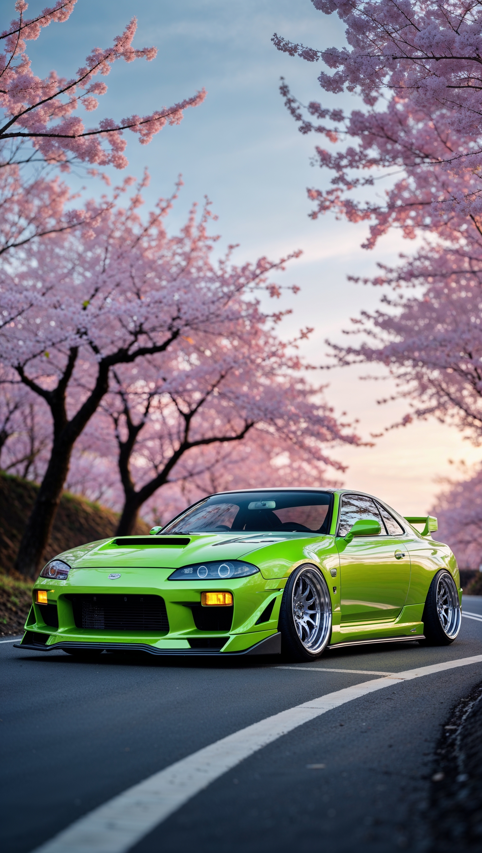 JDM car among Japanese cherry blossom trees