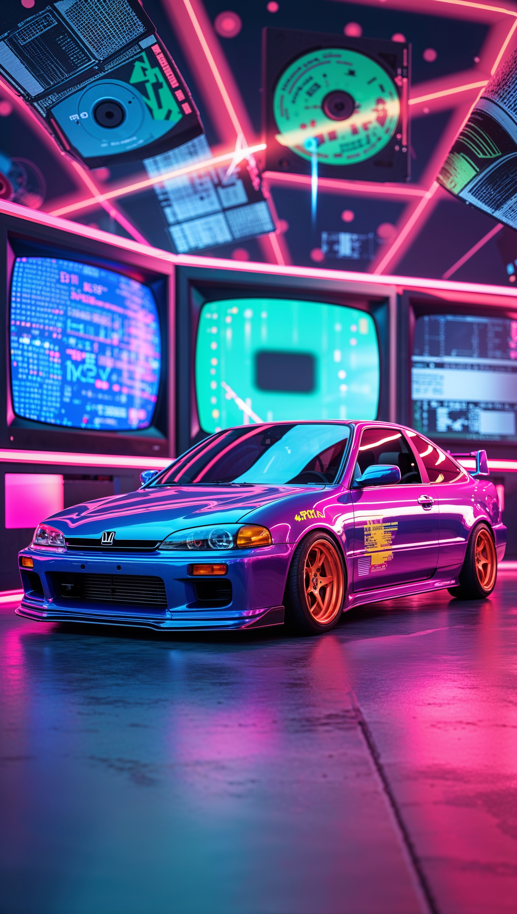 Retro 90s style JDM car with VHS background