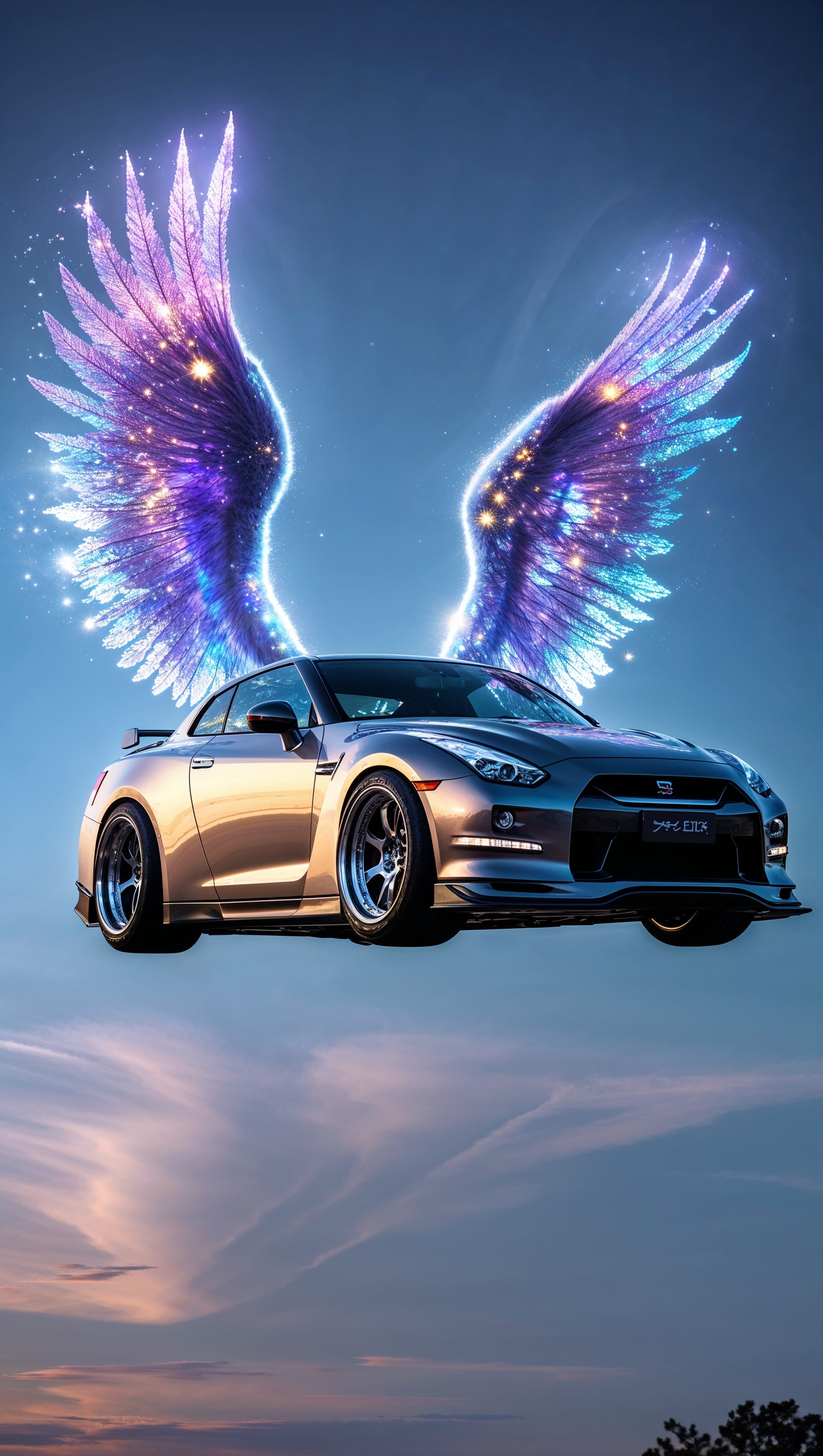 Fantasy JDM car in the sky with glowing wings
