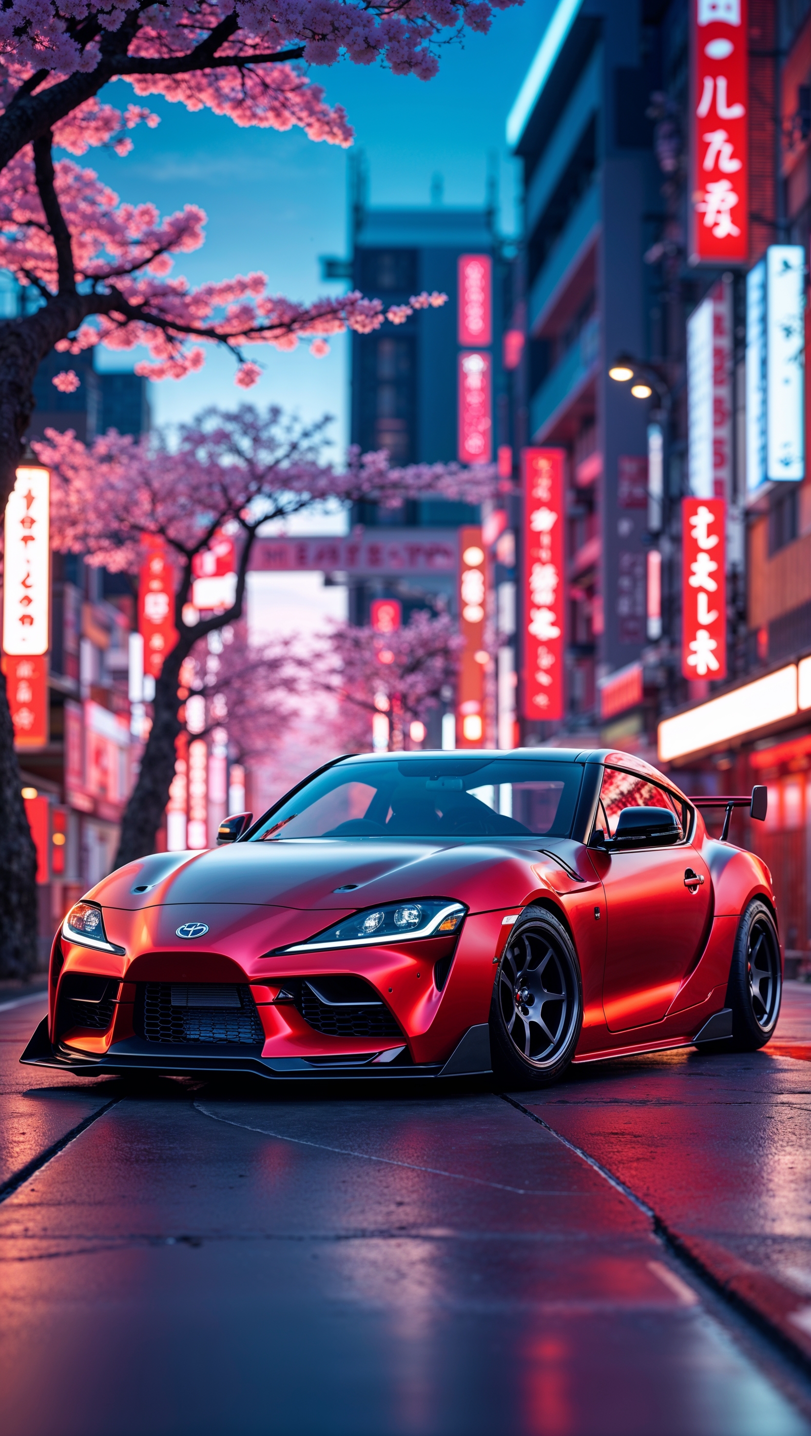 Matte red JDM car with Japanese design in background