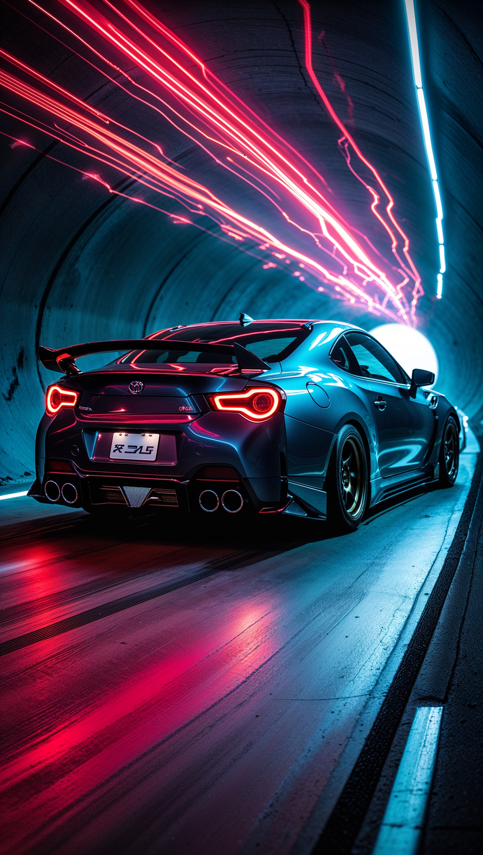 JDM car in tunnel with red and blue light effects