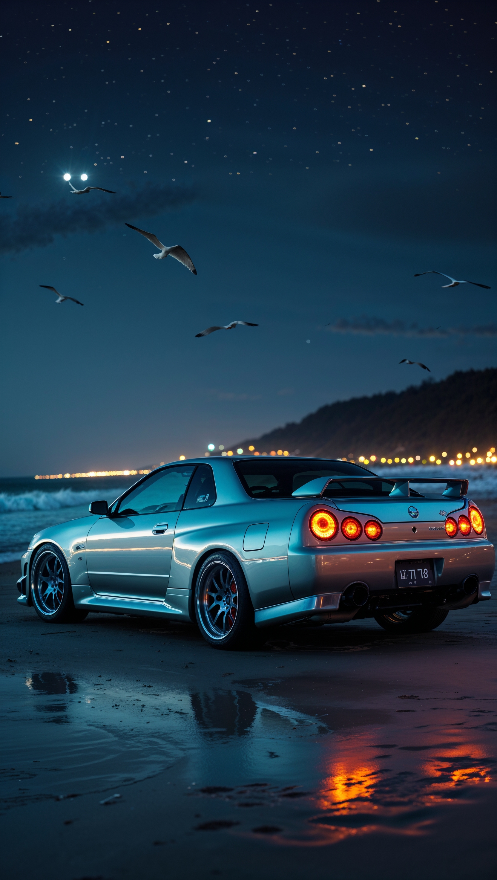 Nissan Skyline R34 parked near the beach at night