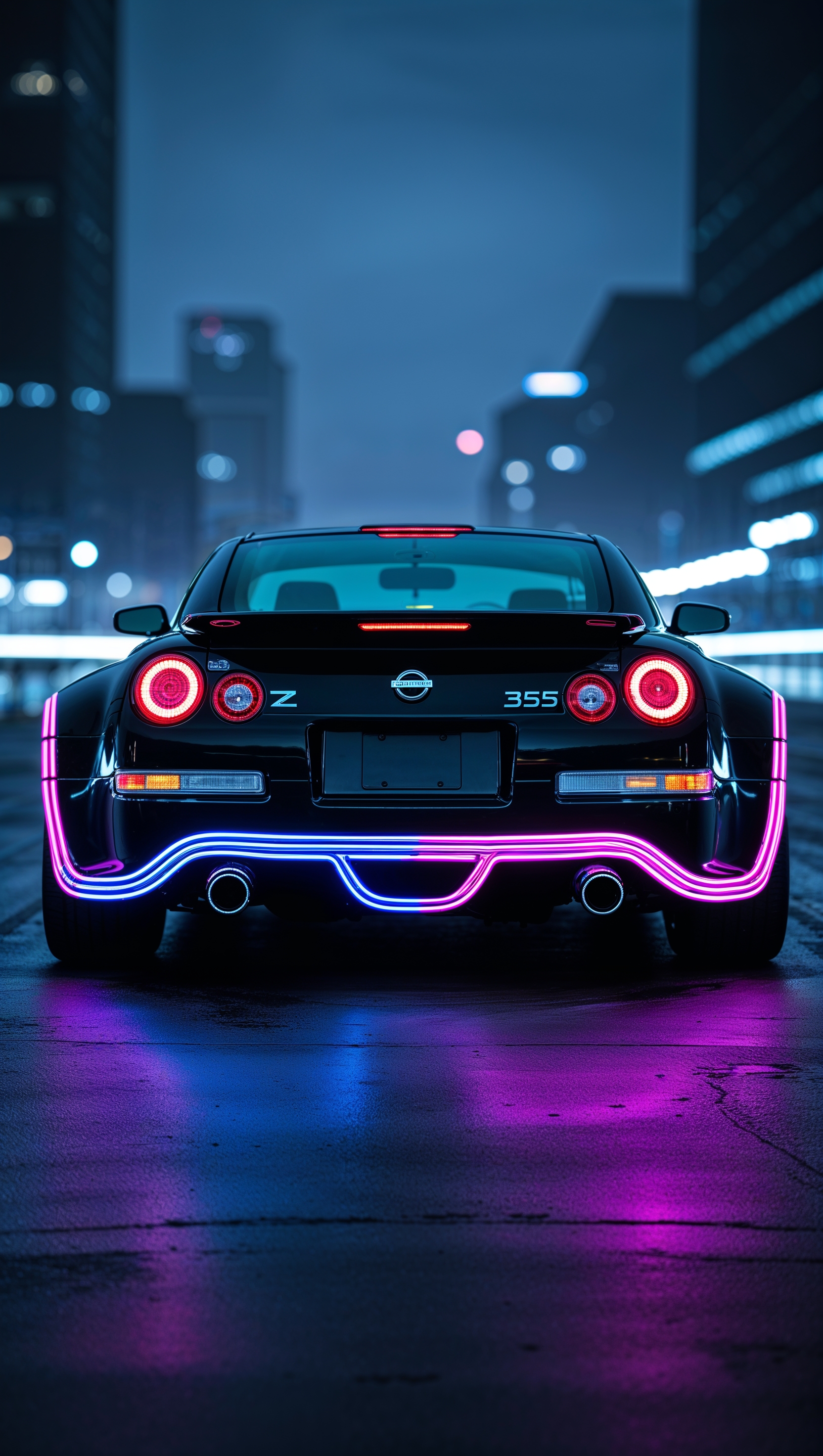 Rear view of a Nissan 350Z with glowing neon lights