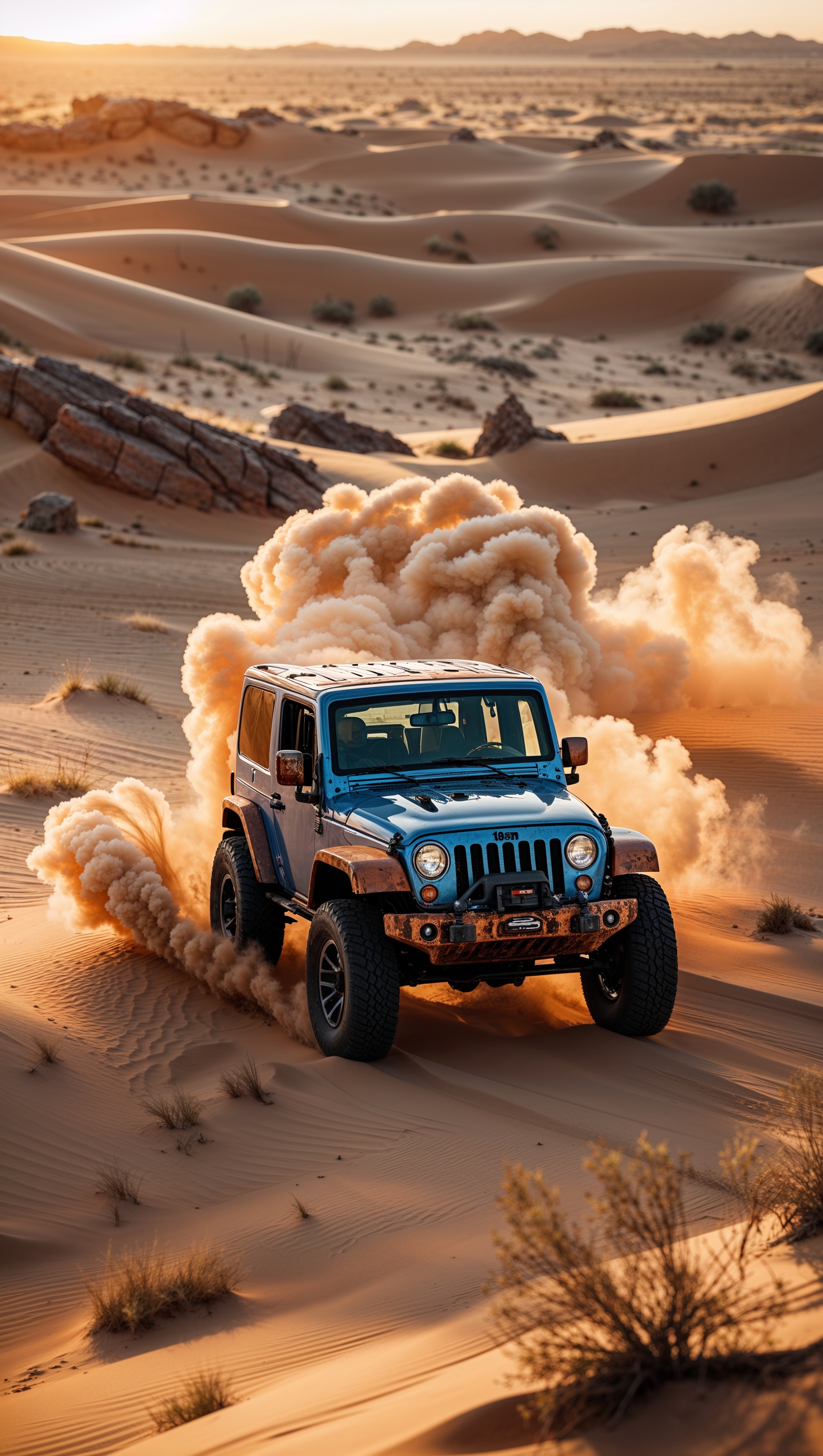 Jeep drifting on sand with cinematic smoke effect