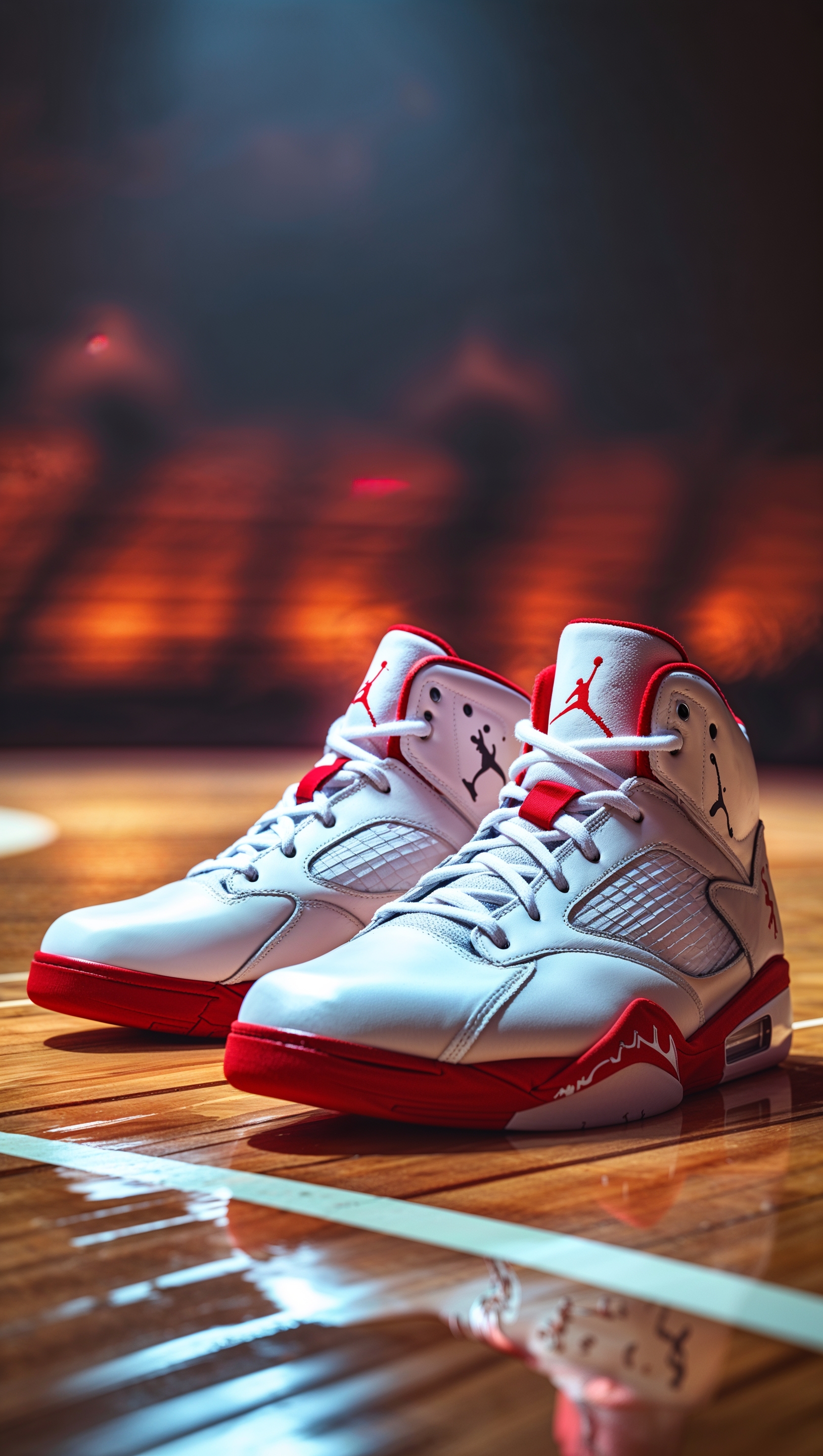 Jordan shoes on a basketball court with cinematic lighting