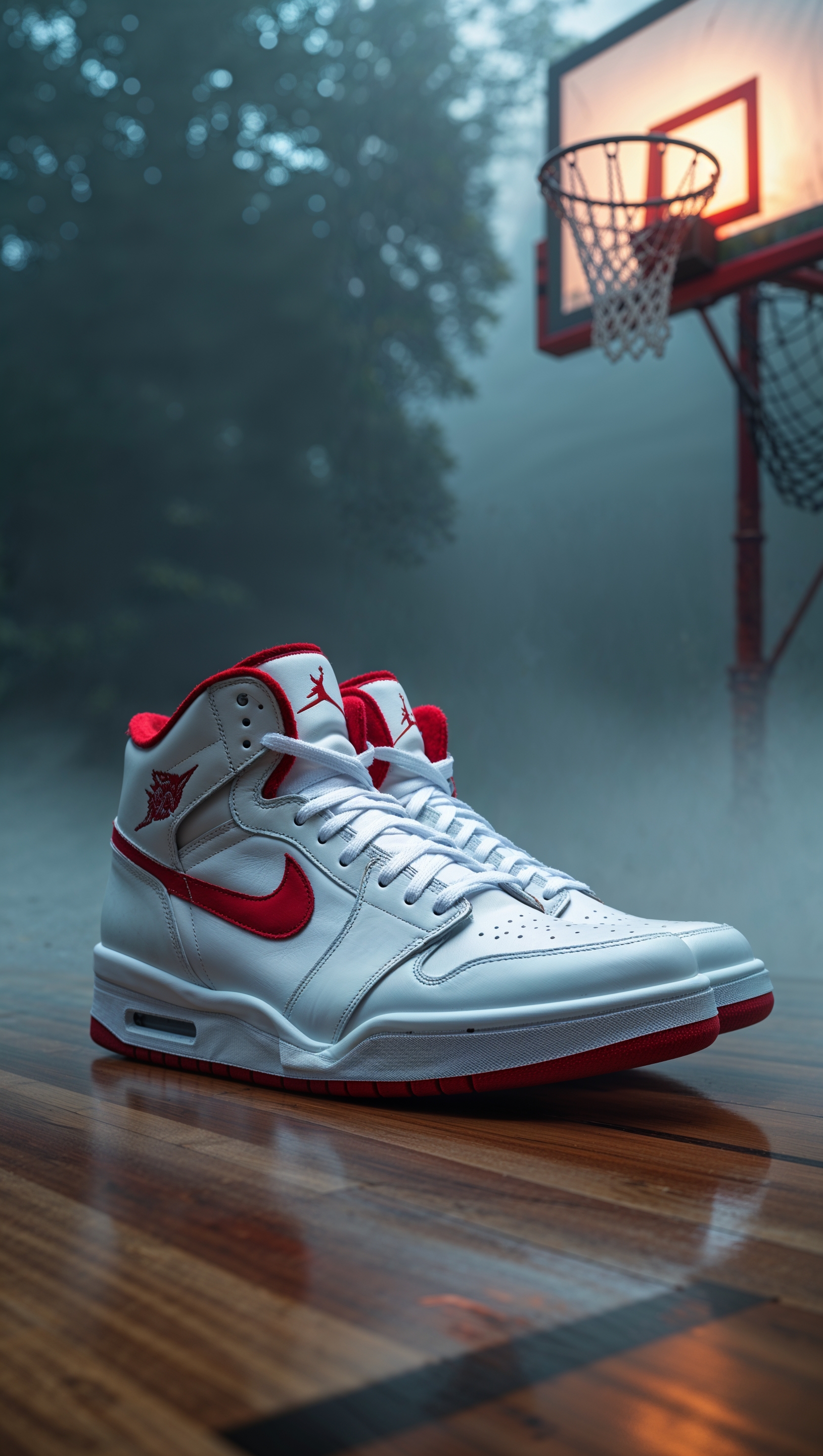 Jordan shoes near a basketball hoop with fog effects