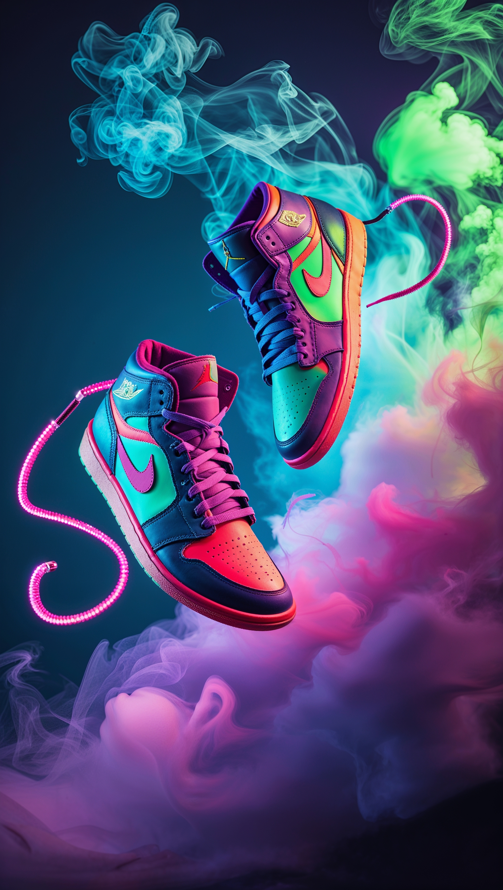 Jordan shoes flying through smoke and neon lights