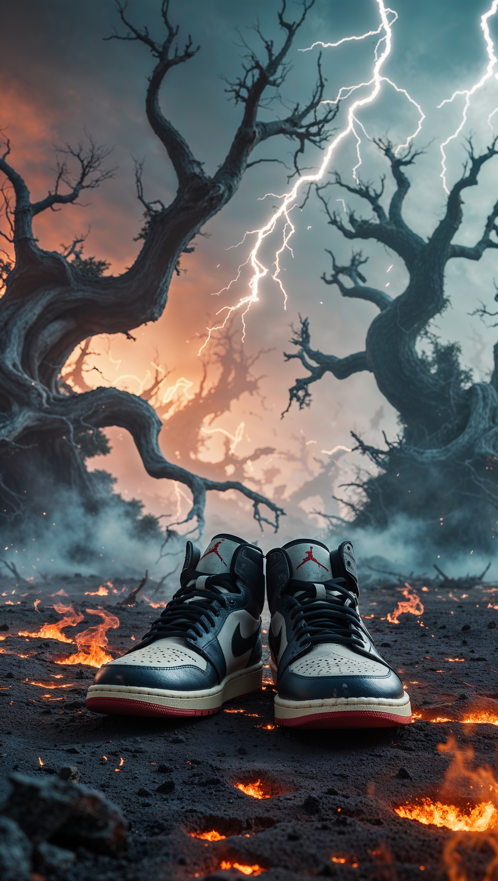 Jordan shoes in a fantasy battlefield with energy effects