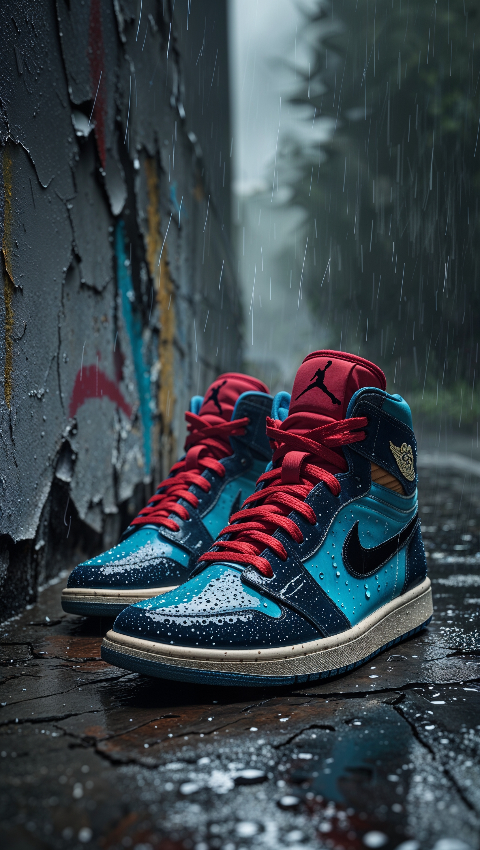 Jordan shoes on a graffiti wall in the rain