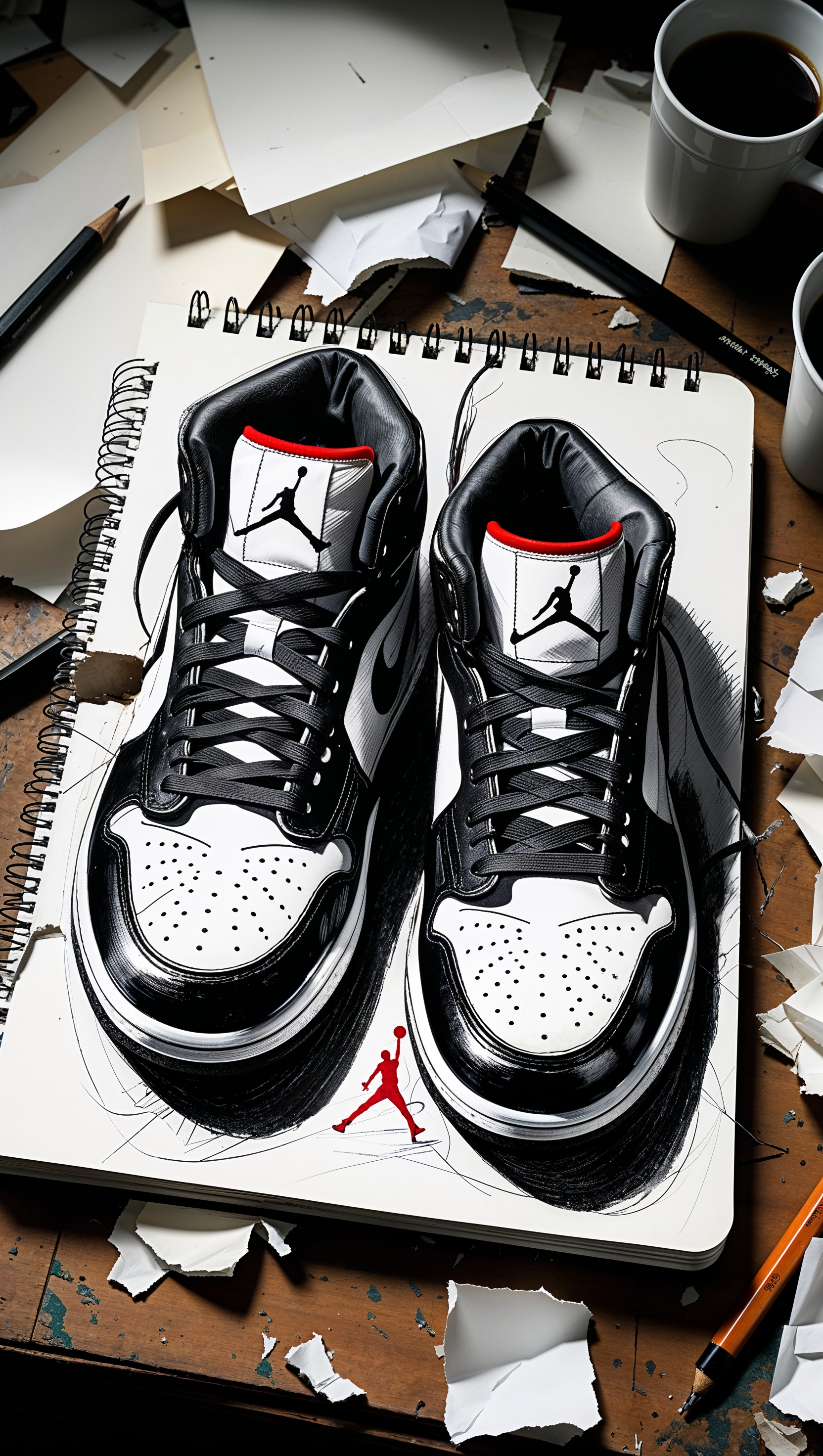 Hand-drawn sketch of Jordan shoes on a design notebook