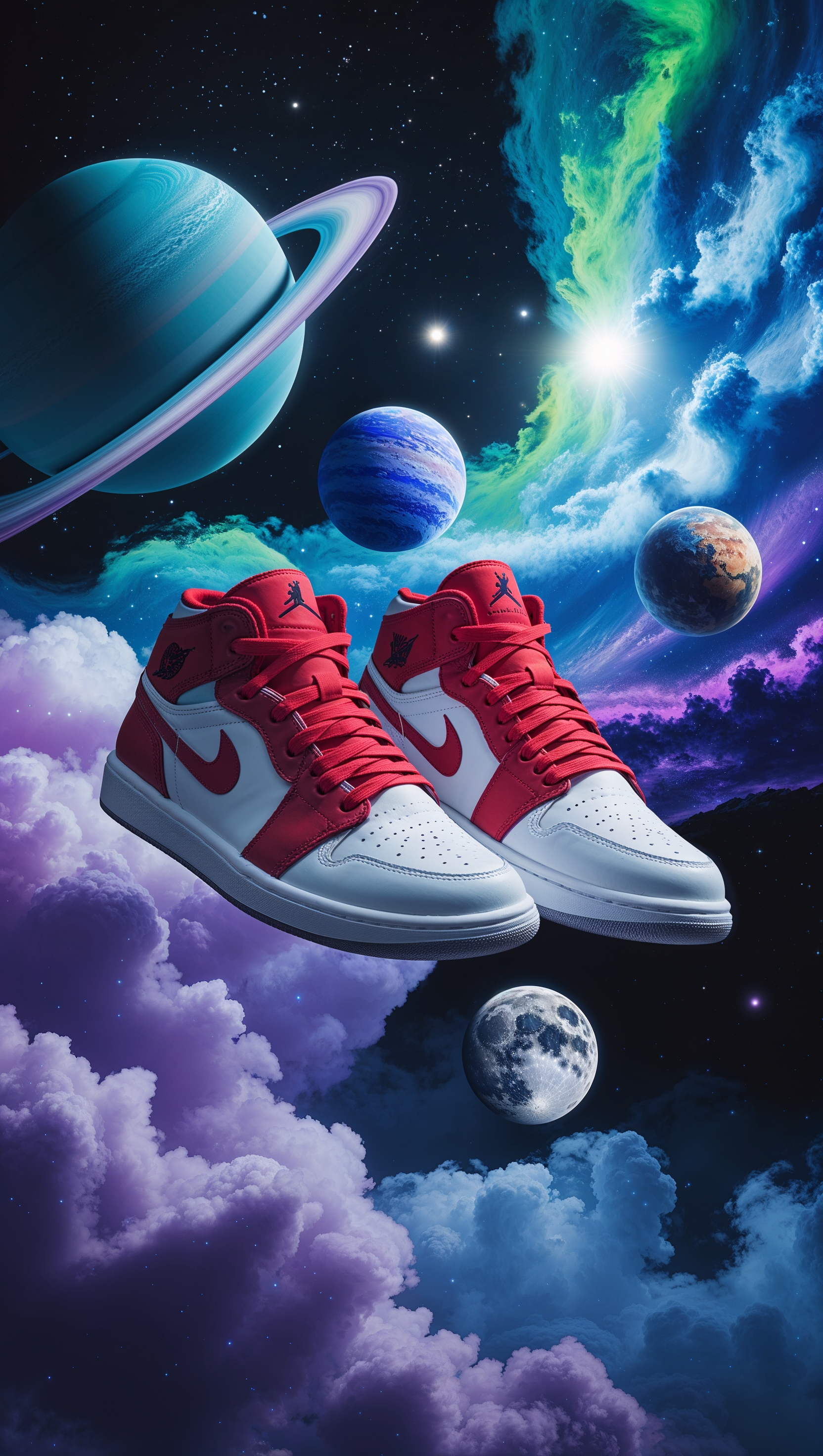 Jordan shoes in a space scene with planets in the background