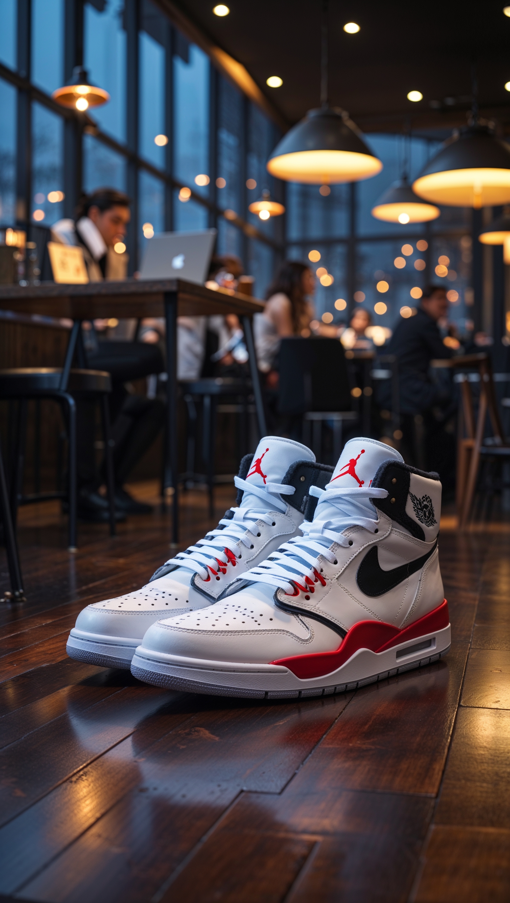 Jordan shoes in a modern café with night lights