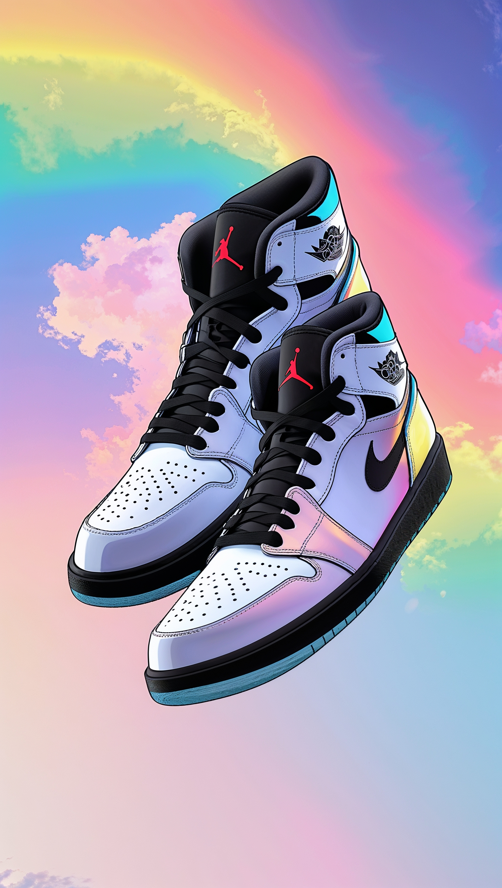 Jordan shoes with a rainbow sky background