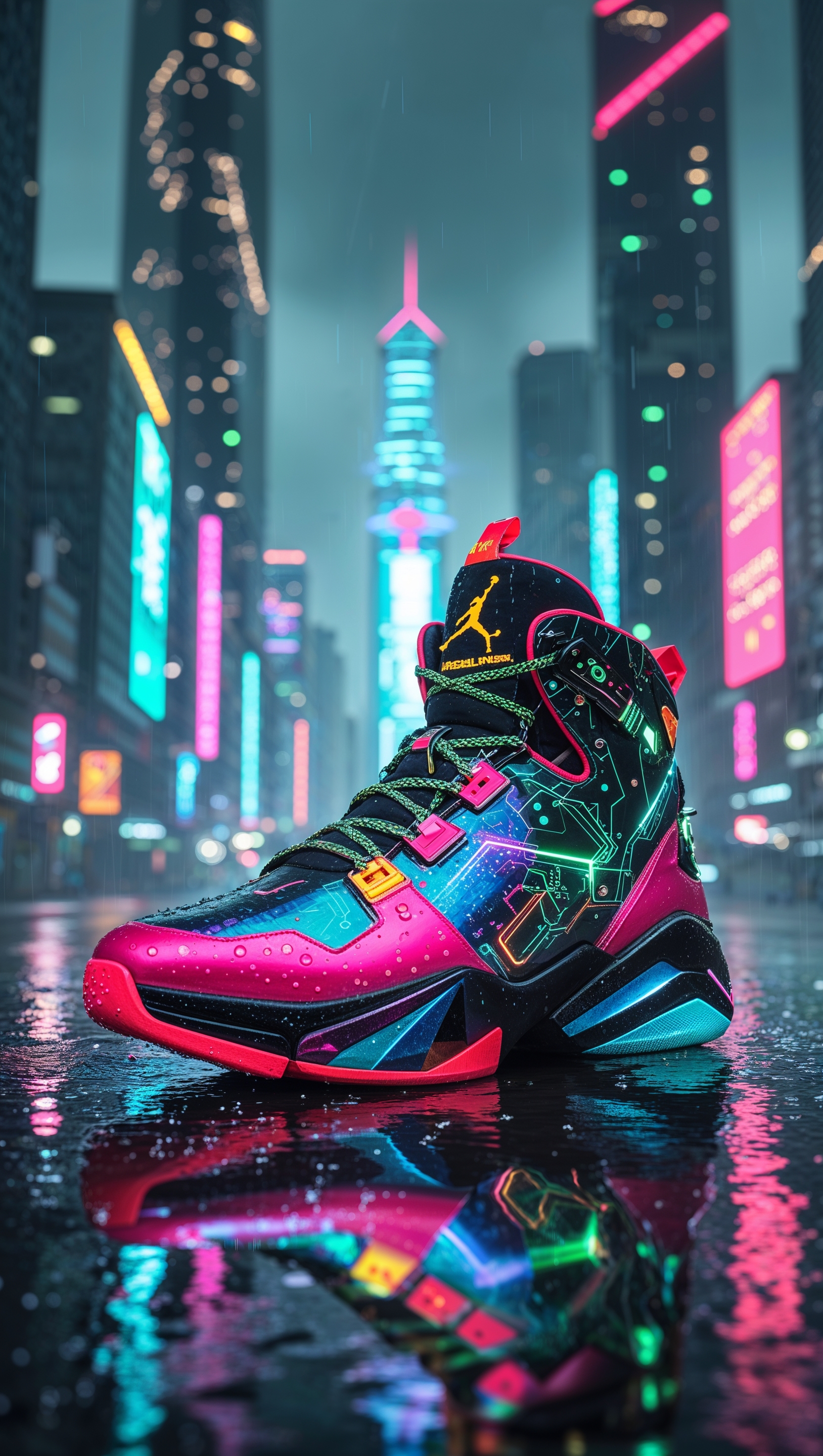 Cyberpunk-style Jordan shoes with neon city towers