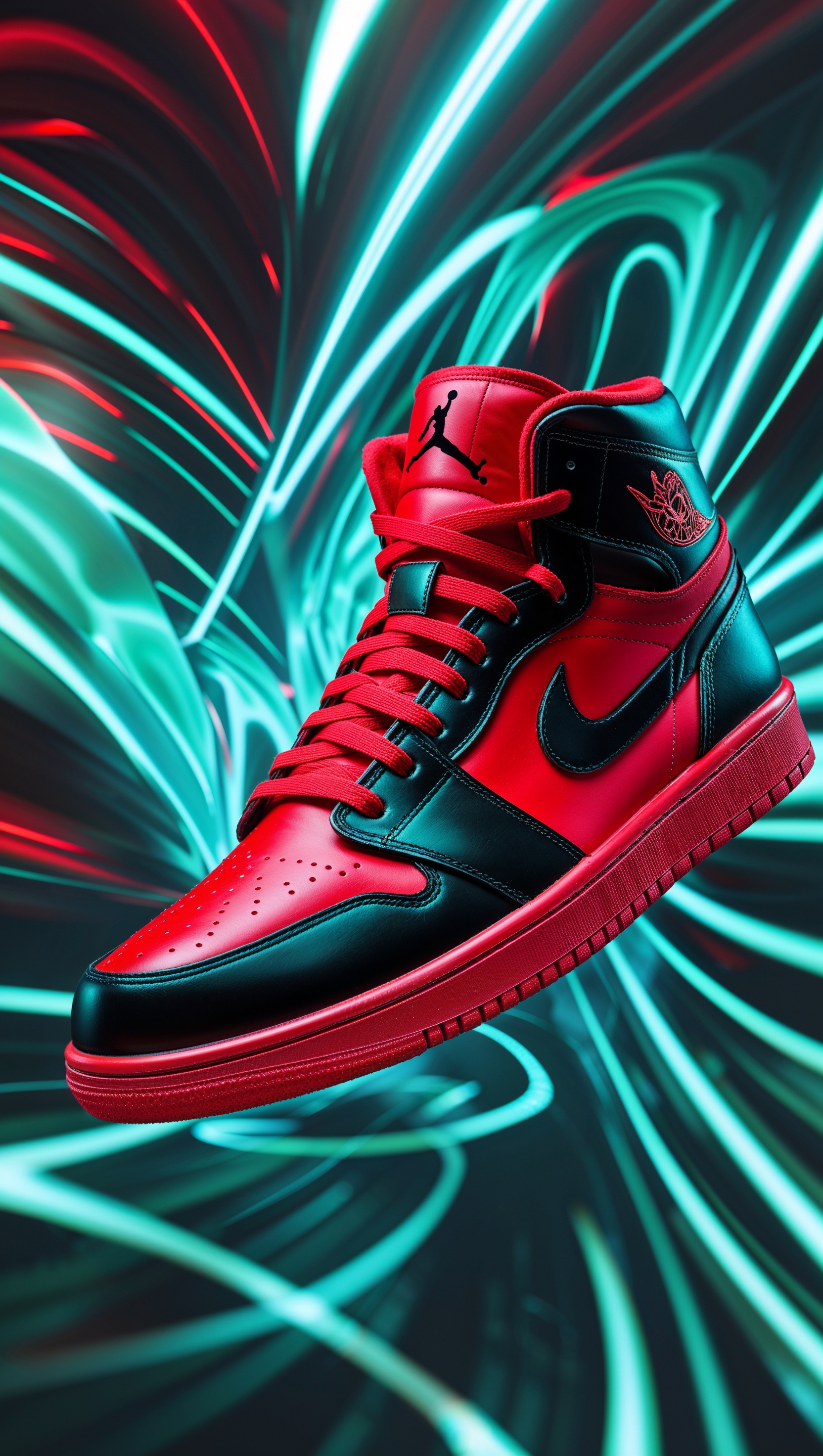 Red and black Air Jordan shoes on a neon background