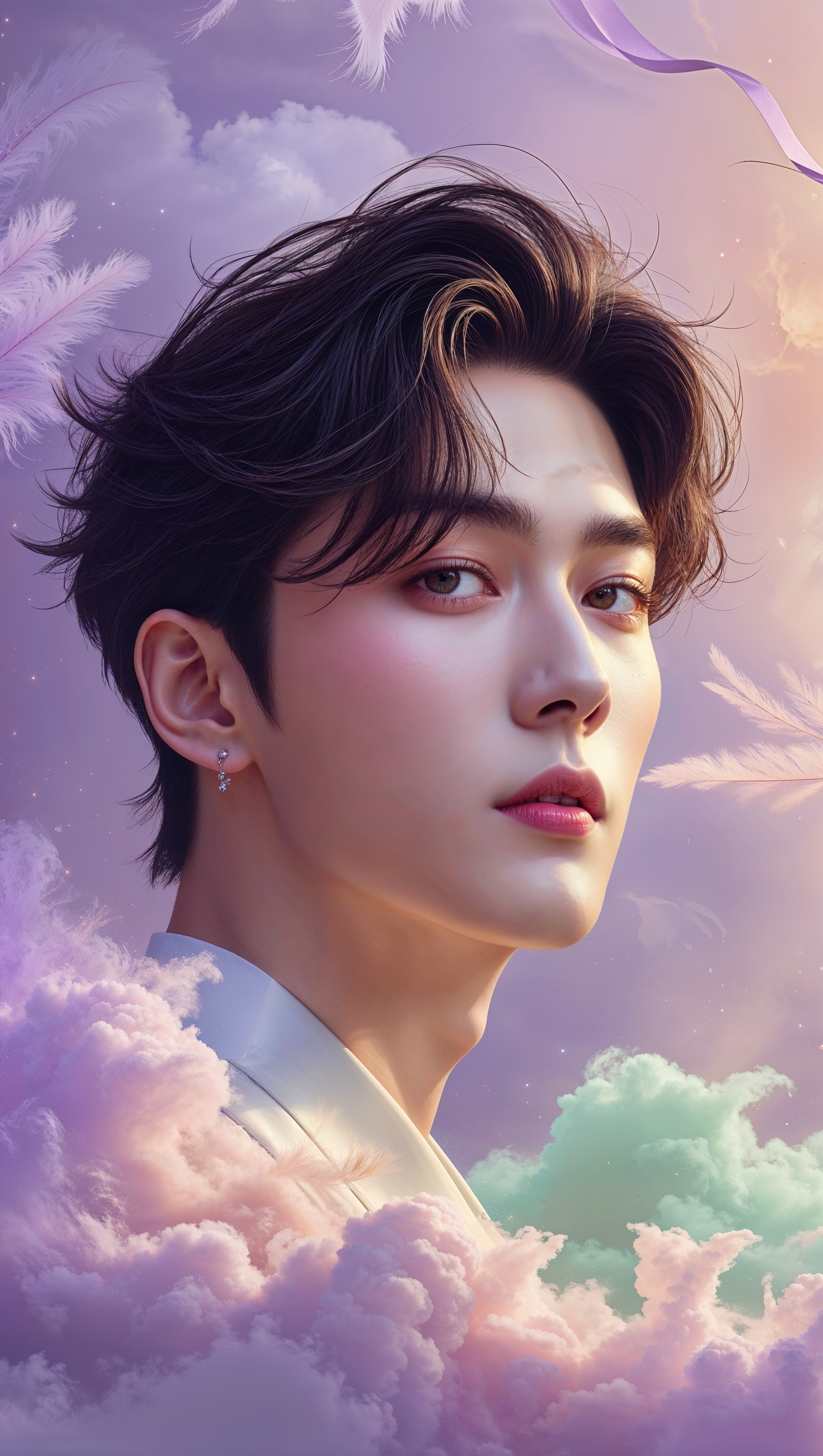 A portrait of Jungkook with pastel colors and an artistic background