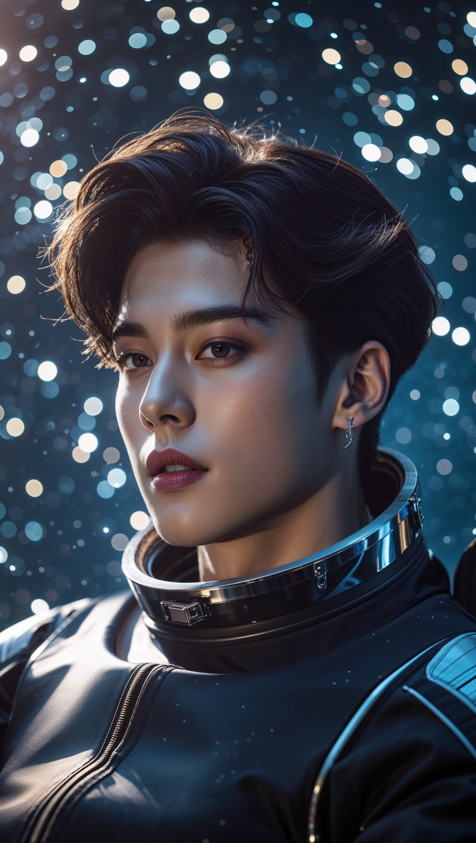 Create an image of Jungkook in space with shining stars