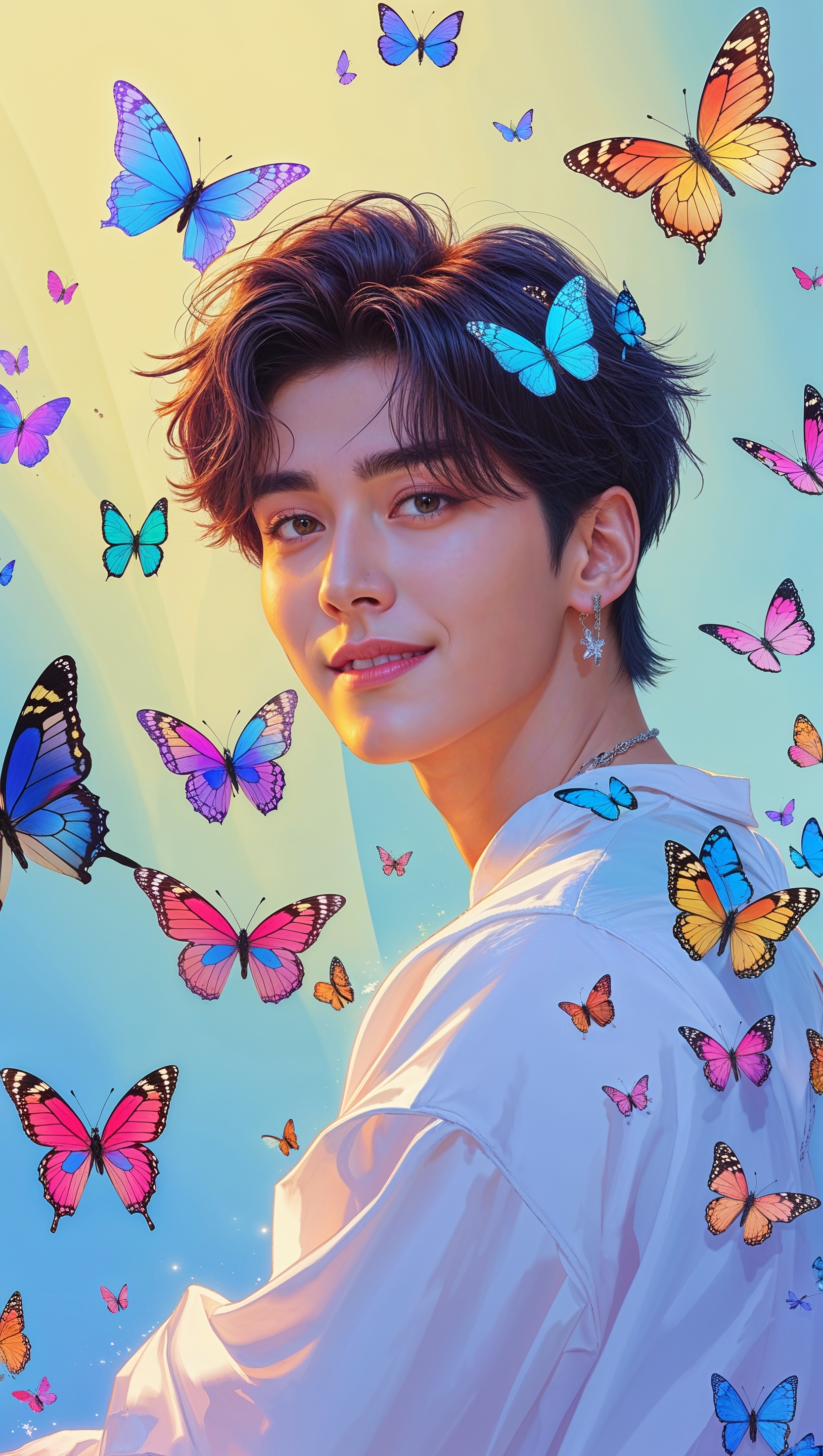 Design a wallpaper with Jungkook and colorful butterflies around him