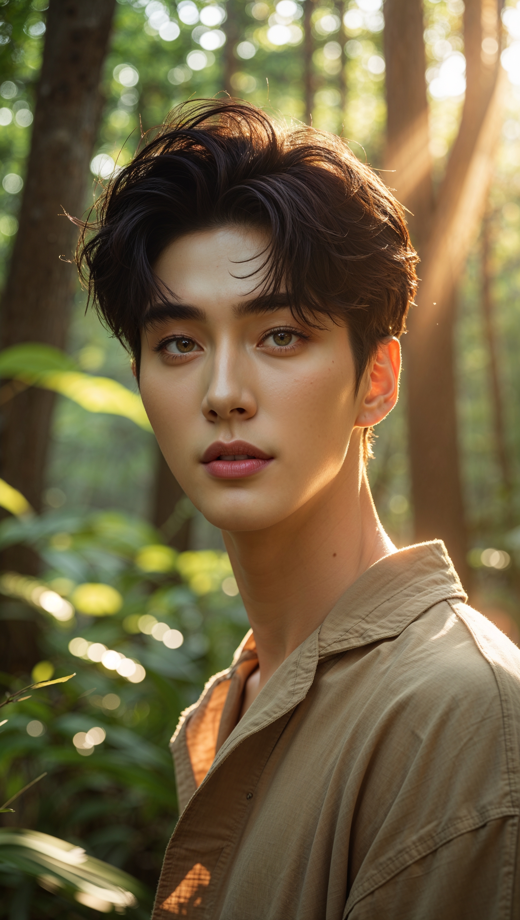 An image of Jungkook in a forest with sunlight streaming through