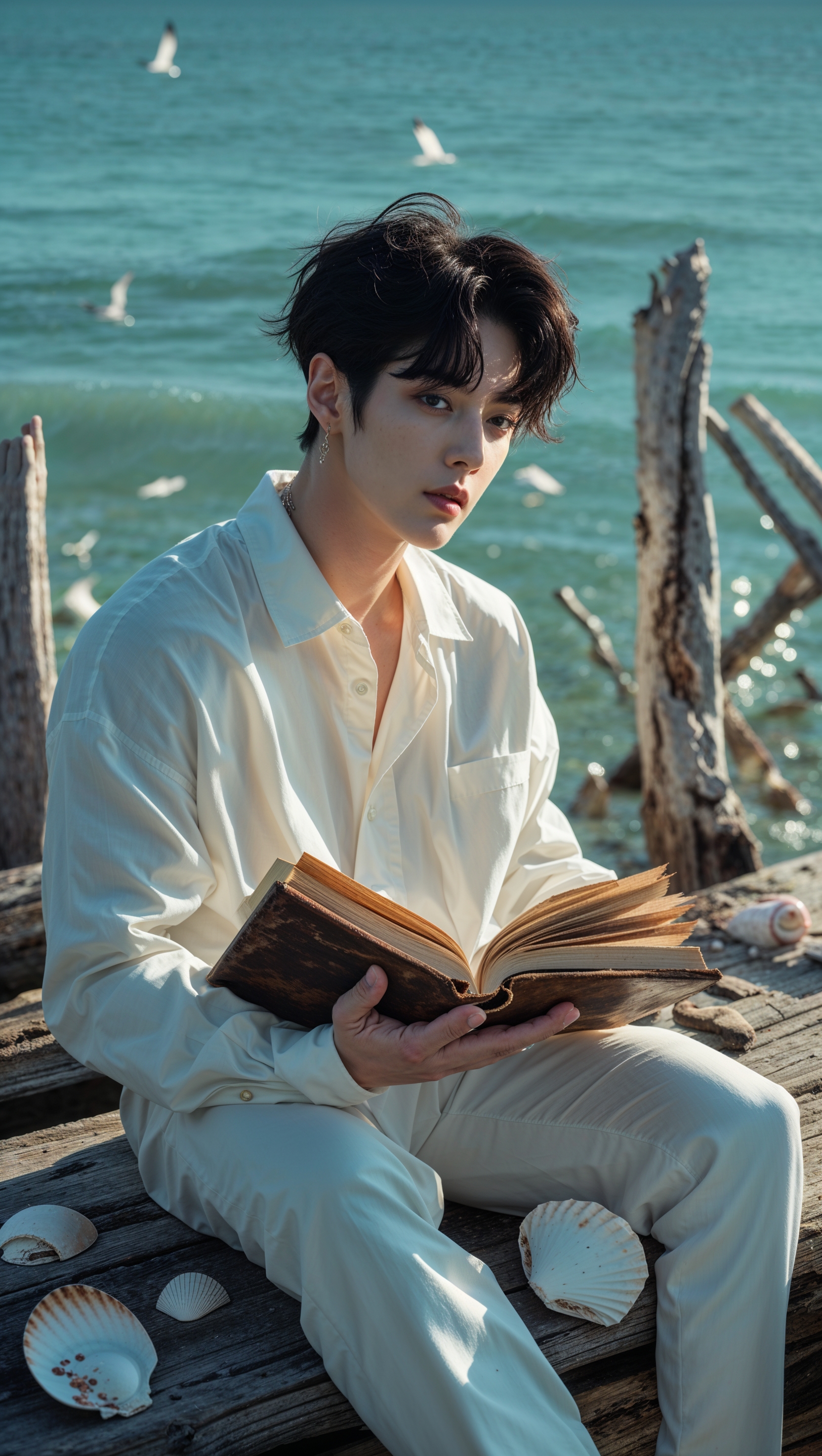 An image of Jungkook reading a book by the sea